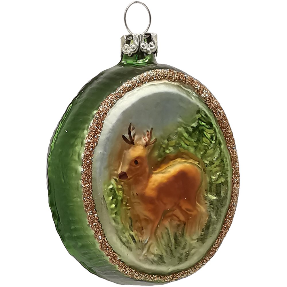 waldgrün Christbaumschmuck - Schatzhauser Ornament, Waldidyll (1-tlg), mundgeblasen, Rehwild 6,5cm handbemalt