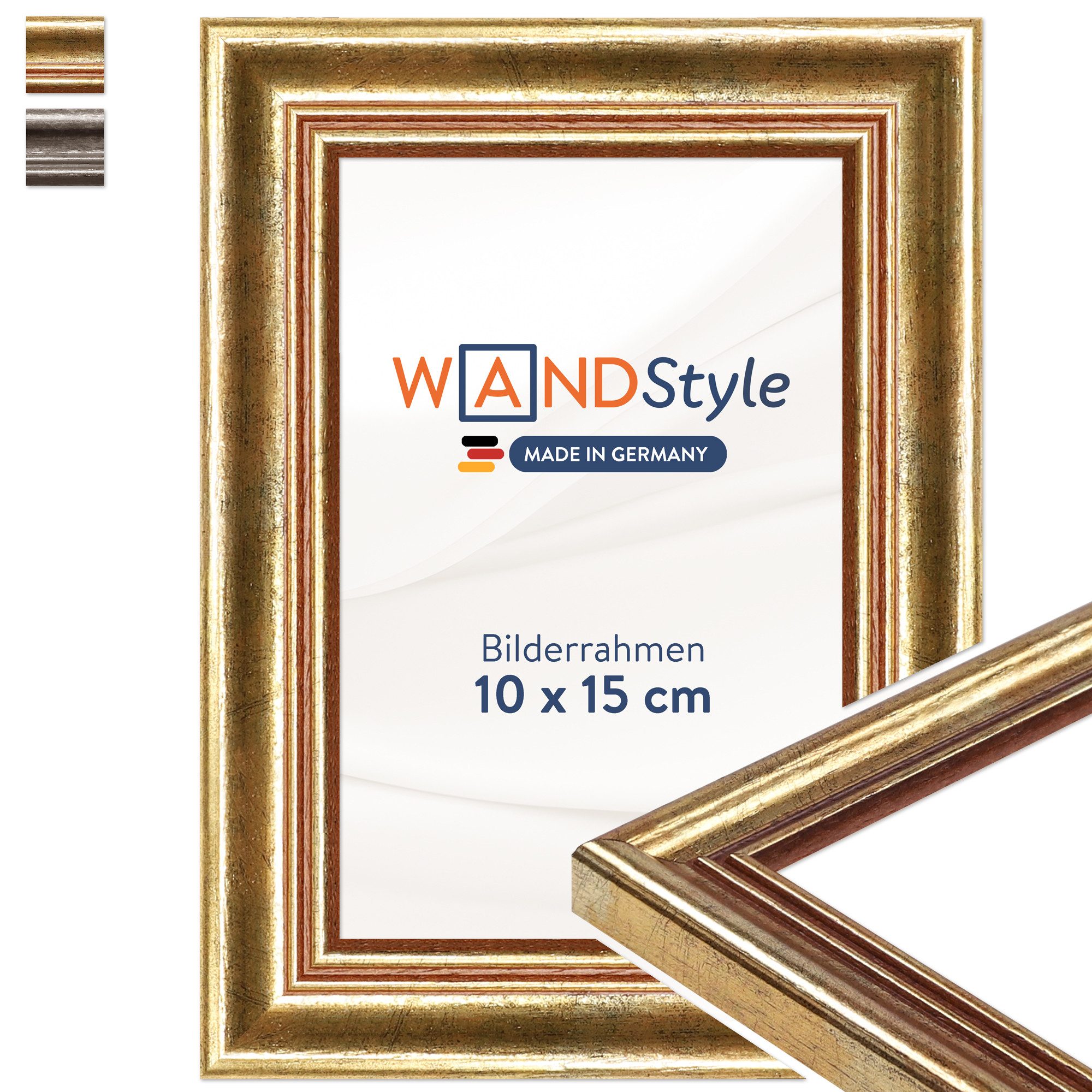 WANDStyle Einzelrahmen H400, Goldener Bilderrahmen 10x15 Holz, Vintage Bilderrahmen Gold 10x15 cm
