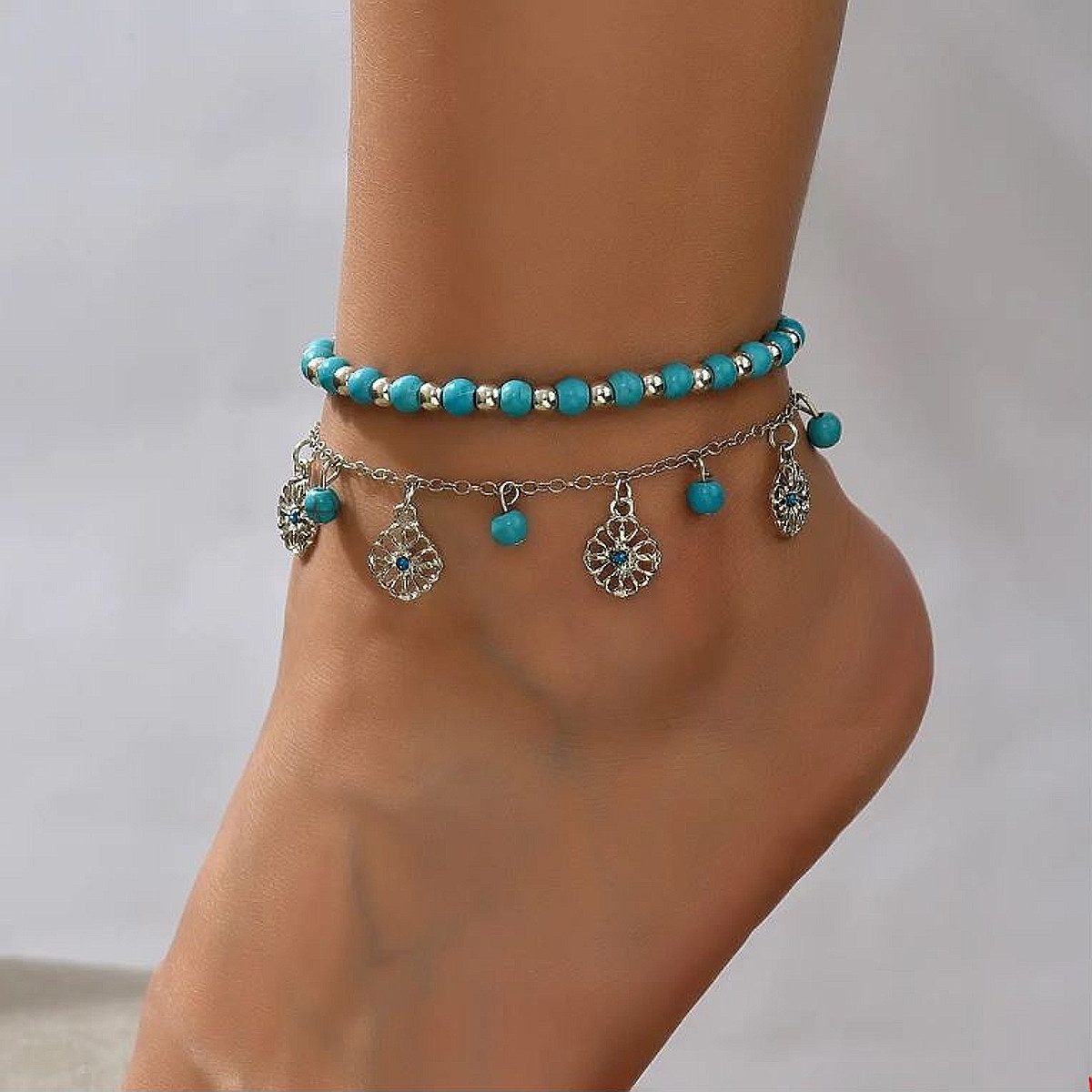 KARMA Fußkette mit Anhänger Браслет mit Anhänger Türkis Fusskette Damenschmuck, Fußschmuck Urlaub maritim silber blau