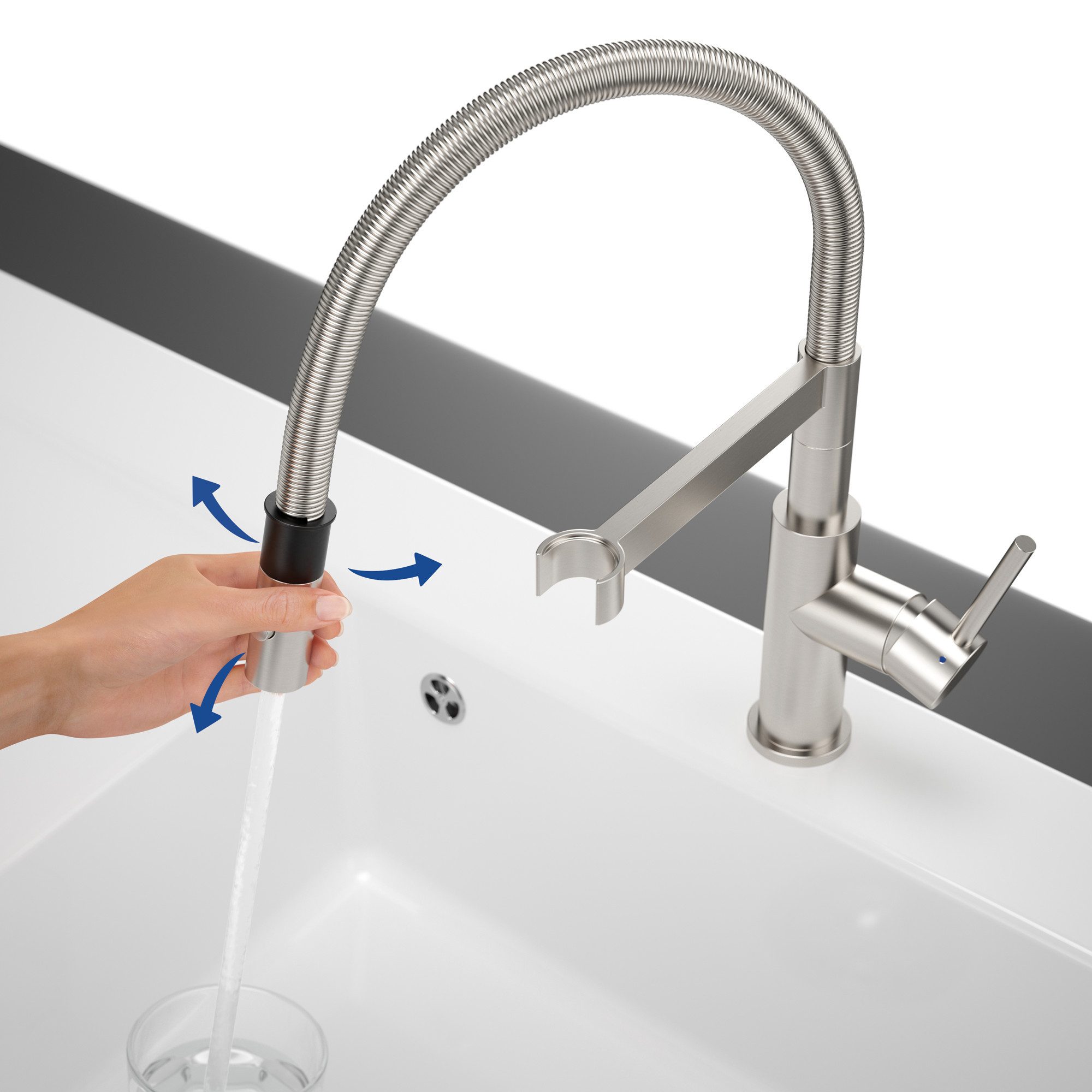 Villeroy & Boch Küchenarmatur Steel Expert Compact mit Brausekopf (schwenkbarer Auslauf, spritzarmes Arbeiten dank Laminarstrahl) Hochdruck-Armatur, Umschaltfunktion, wassersparend, Edelstahl massiv