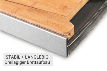 Schneidbox Schneidebrett Schneidebrett-System mit 4 integrierten Auffangschalen + Wechselbrett, Bambus