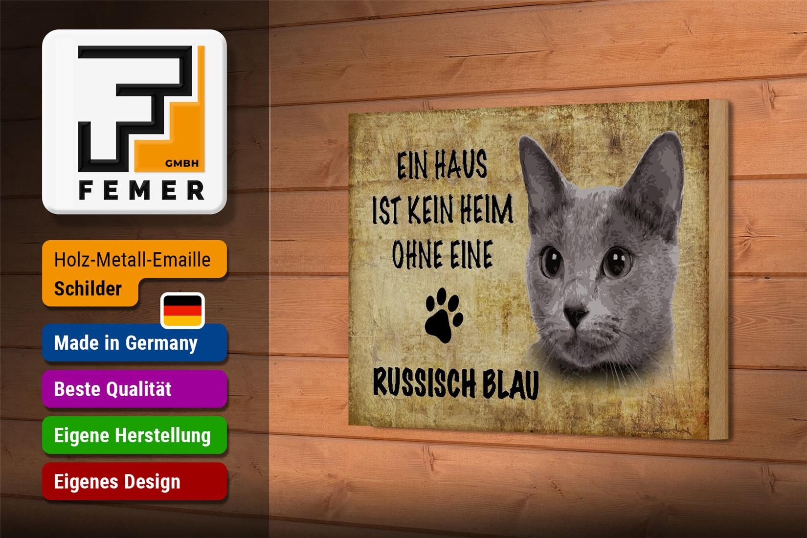 Femer GmbH Holzbild Spruch 18x12 cm russisch blau Katze, Sprüche Zitate Lustiges (1 St), Glatte Holzfaserplatte (MDF), vorn beschichtet