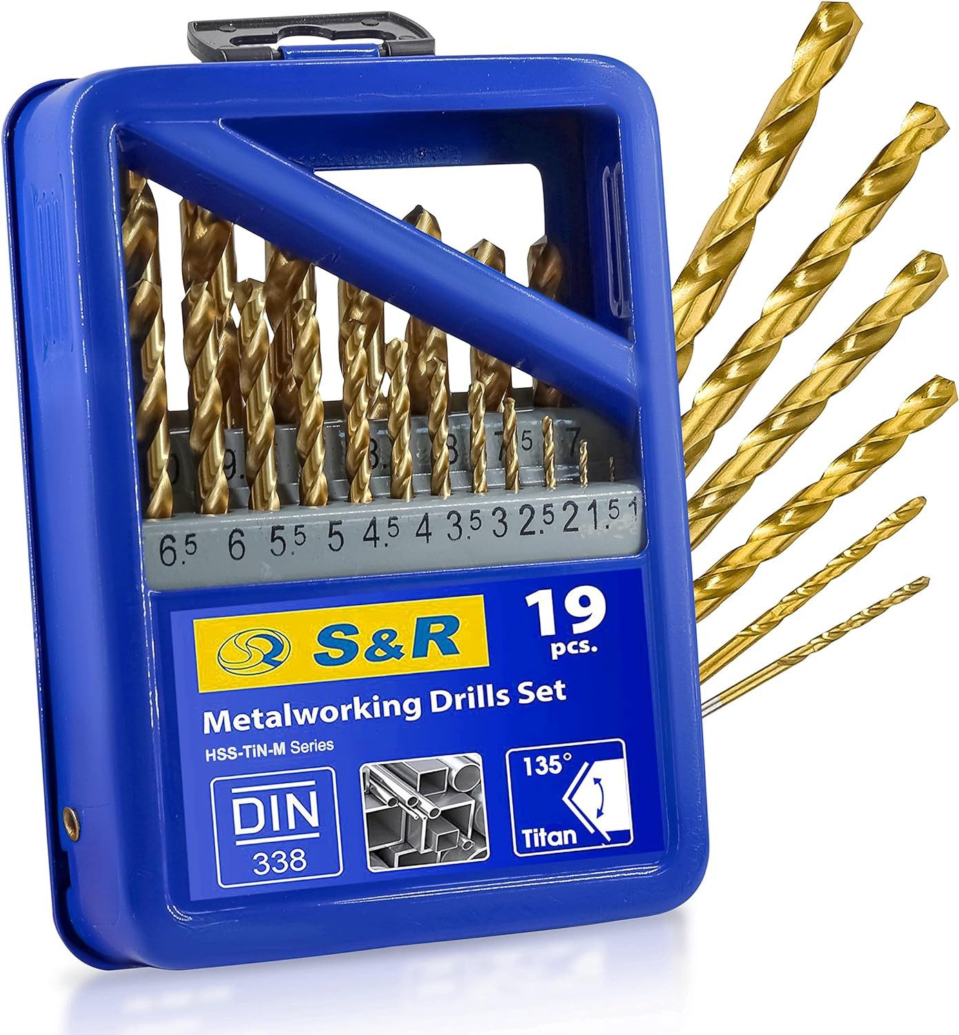 S&R Metallbohrer in Industrie-Qualität, HSS-G TITANIUM Stahlbohrer,extra hohe Standzeit, (Set, 19-tlg: 1,0-10 mm in Industrie-Qualität), DIN 338, 135° Spitzenwinkel, geschliffen, TiN Spiralbohrer Satz