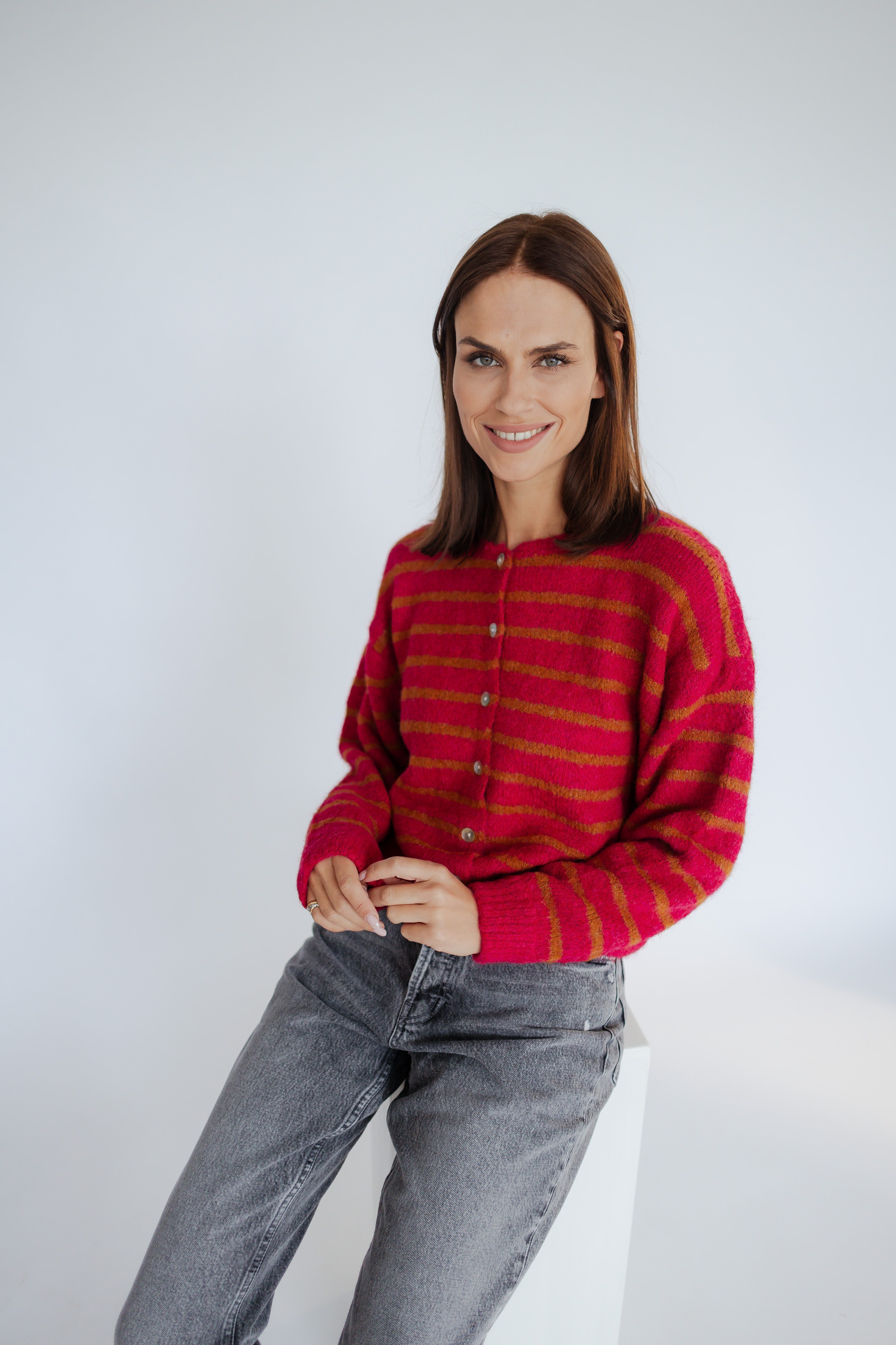 von Herzen Strickjacke Cardigan mit Streifen - Knopfleiste - Fuchsia/Senfgelb - Onesize