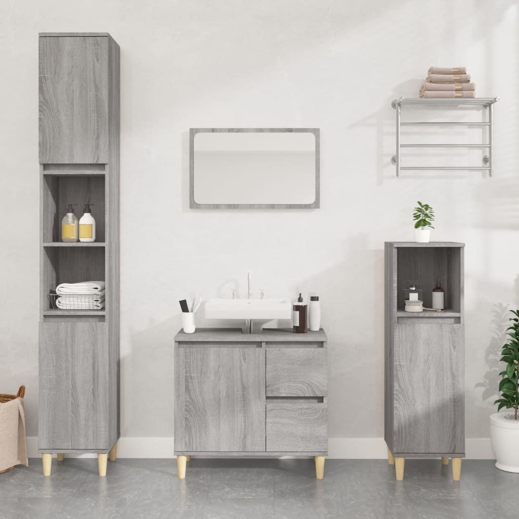 Badkommode Badezimmerschrank 30x30x190 cm Grau Sonoma mit Massivholz Beinen