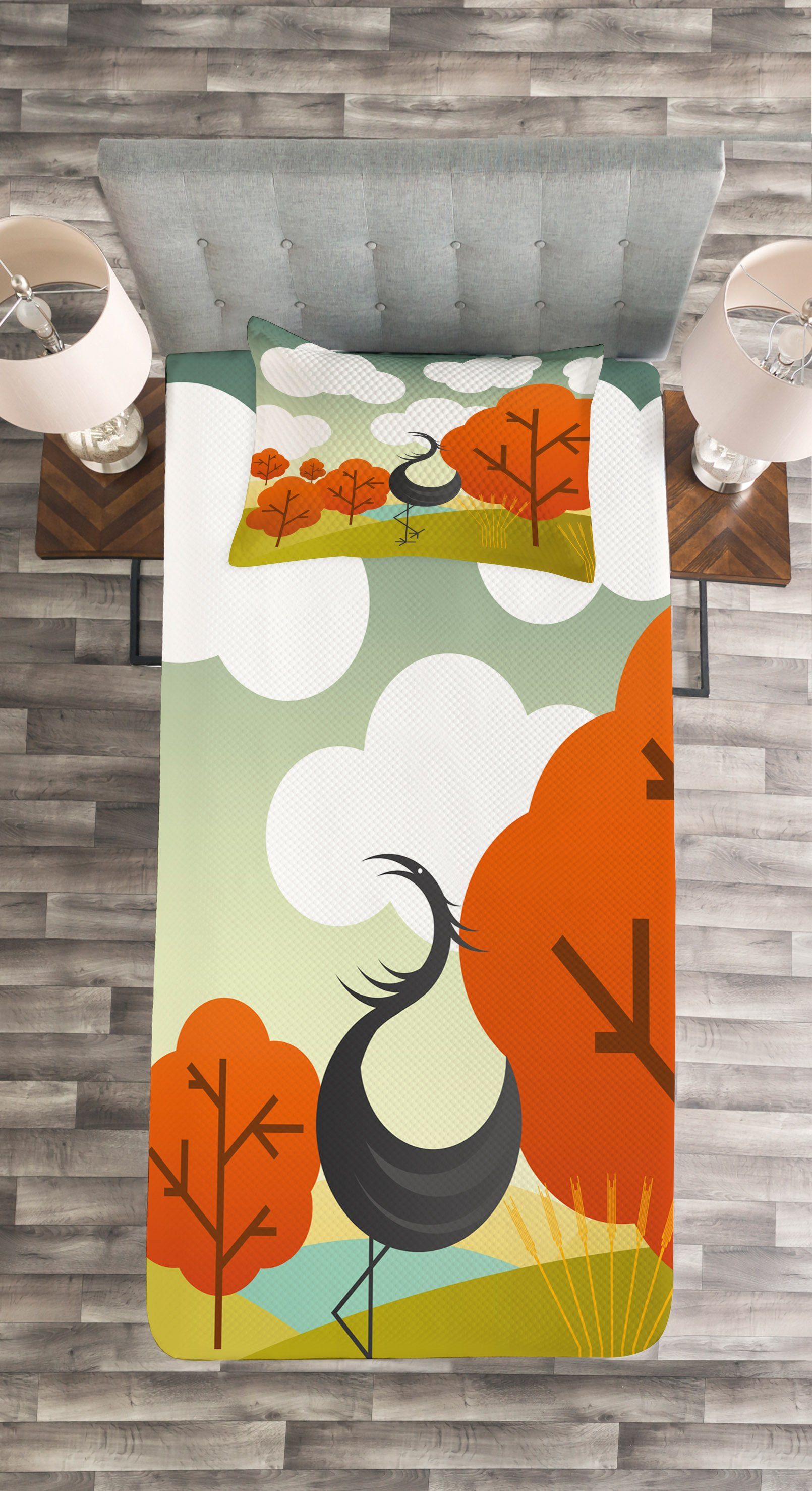 Tagesdecke Set Kissenbezügen Vogel Abstrakt Wolke und mit Kran Abakuhaus, Waschbar, Bäume