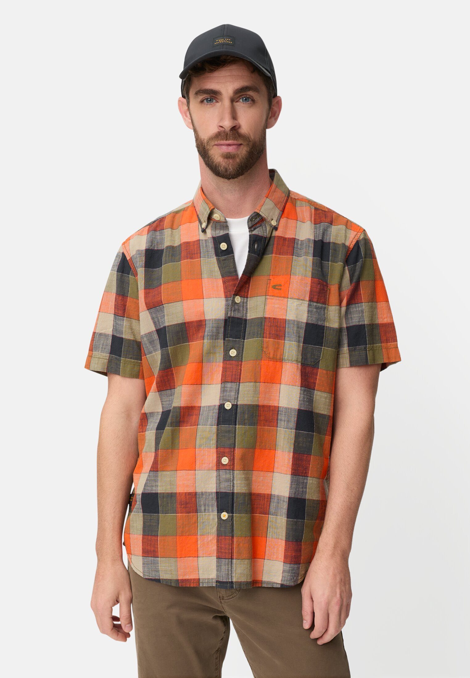 camel active Kurzarmhemd aus reiner Baumwolle Kurzarm Button-Down