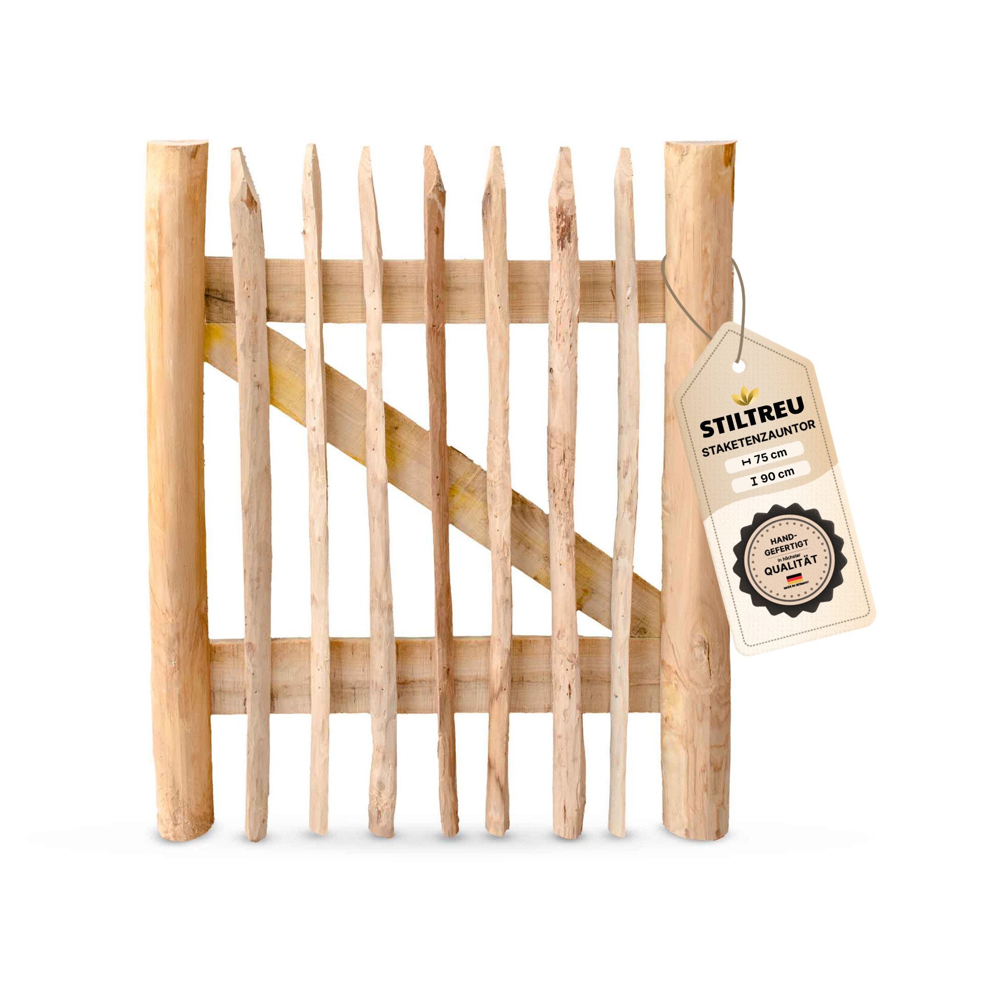STILTREU Gartentor Classic Staketenzaun-Tor aus Edelkastanie (Breite 75 cm x Höhe 90 cm)