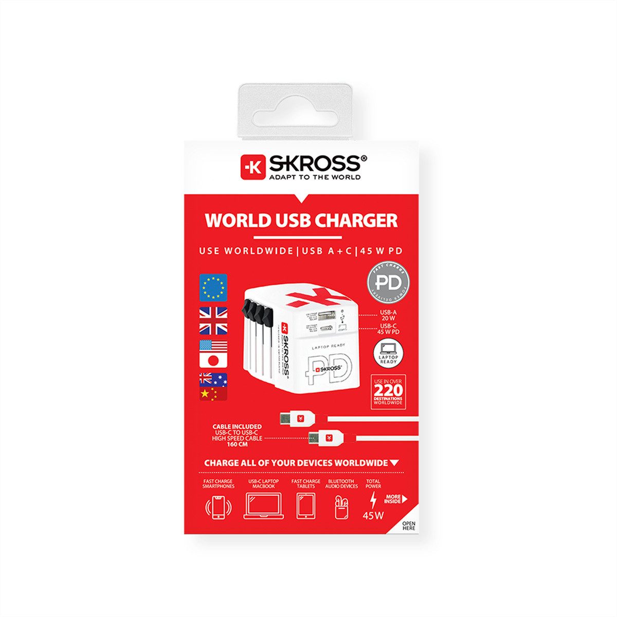 SKROSS World USB Charger A/C 45PD mit USB-C Kabel Stromadapter, Weltweit