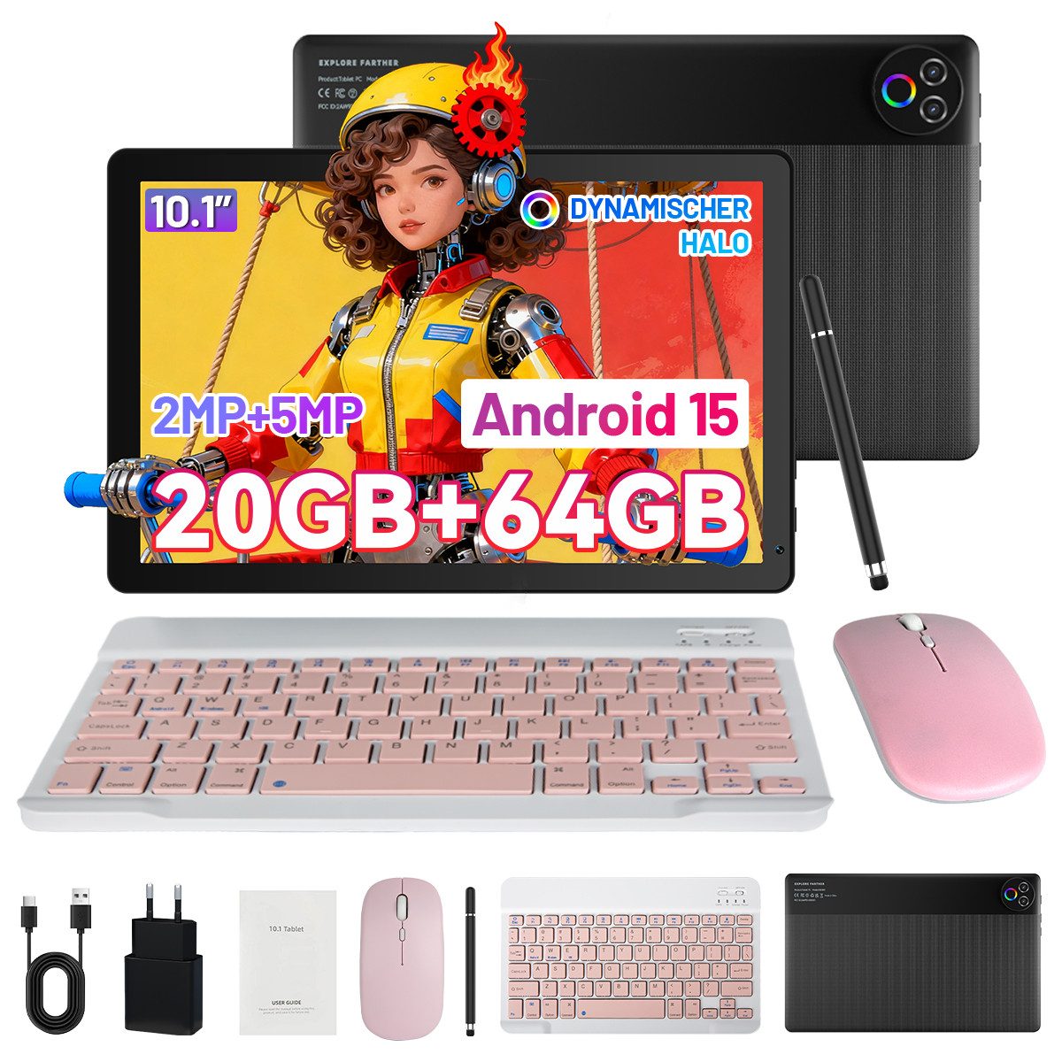 BUFO 10-Zoll-Tablet, 64GB, Android, HD IPS-Touchscreen, Dual-Kamera Tablet (10", 64 GB, Android, WiFi, Android 15, 64GB ROM, WiFi 6 BT5.4, mit Tastatur, Maus & Stift)
