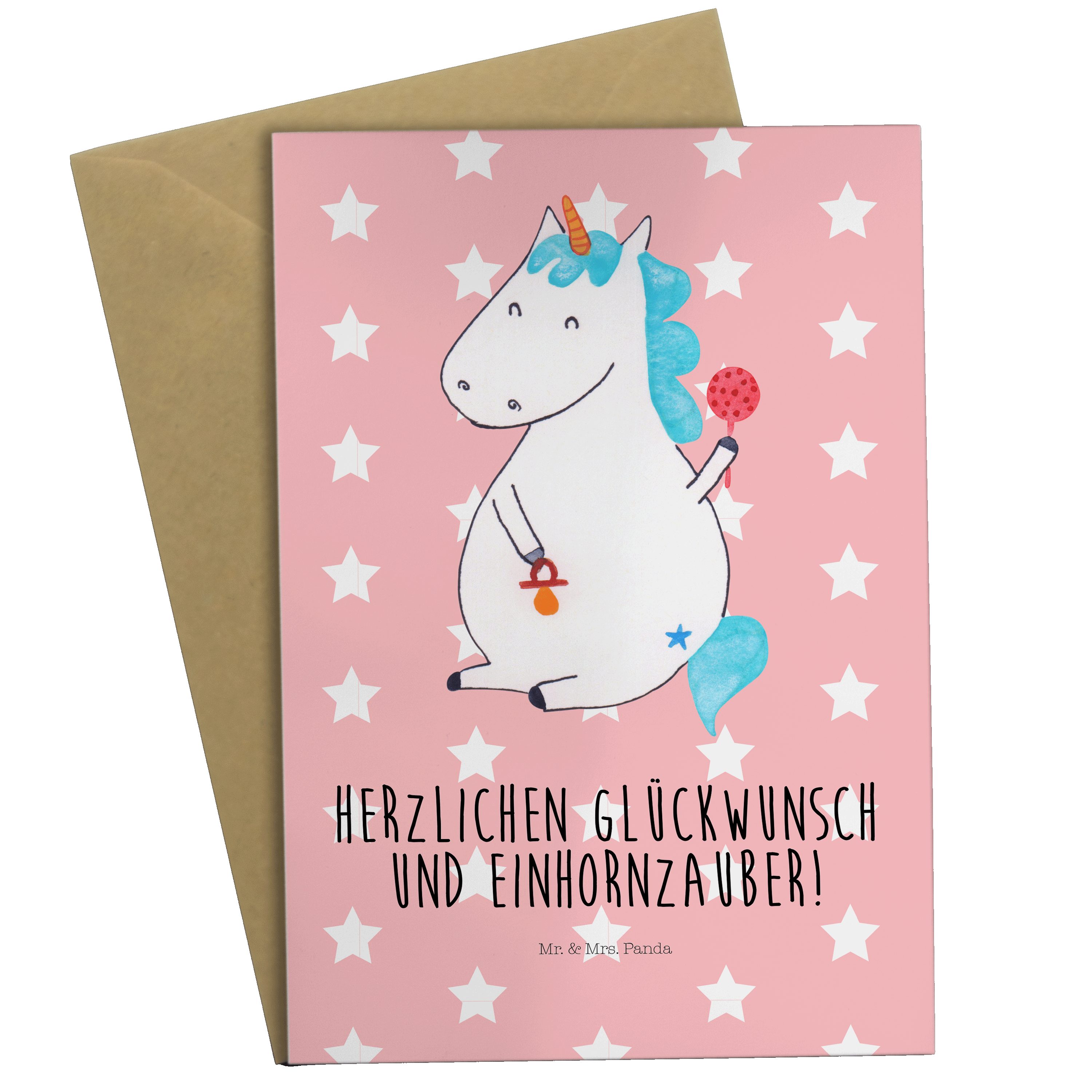 Mr. & Mrs. Panda Grußkarte Einhorn Baby - Rot Pastell - Geschenk, Klappkarte, Einhörner, Unicorn