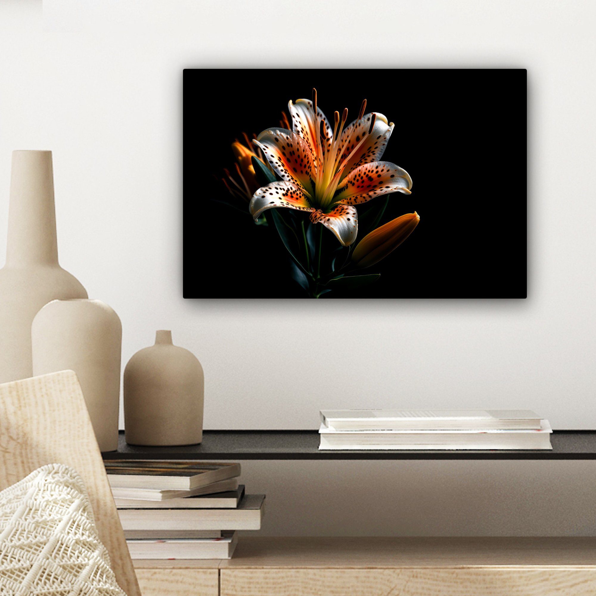 OneMillionCanvasses® Leinwandbild Blumen - Lilie - (1 Schwarz, Wanddeko, Porträt 30x20 cm - St), Wandbild Aufhängefertig, Orange - Leinwandbilder