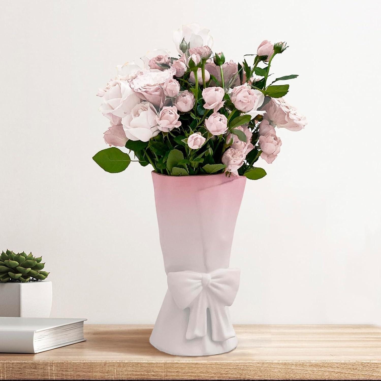 LuxusKollektion Tischvase Keramik Vase Schleife 24,5cm Rosa Weiss Deko (1 St)