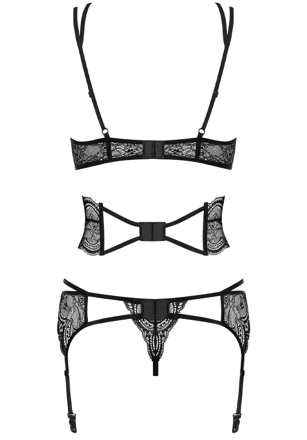 Obsessive Set: Bügelloser BH Dessous-Set: BH, String und Strumpfgürtel Spitze - schwarz (3-tlg) aus transparenter Spitze