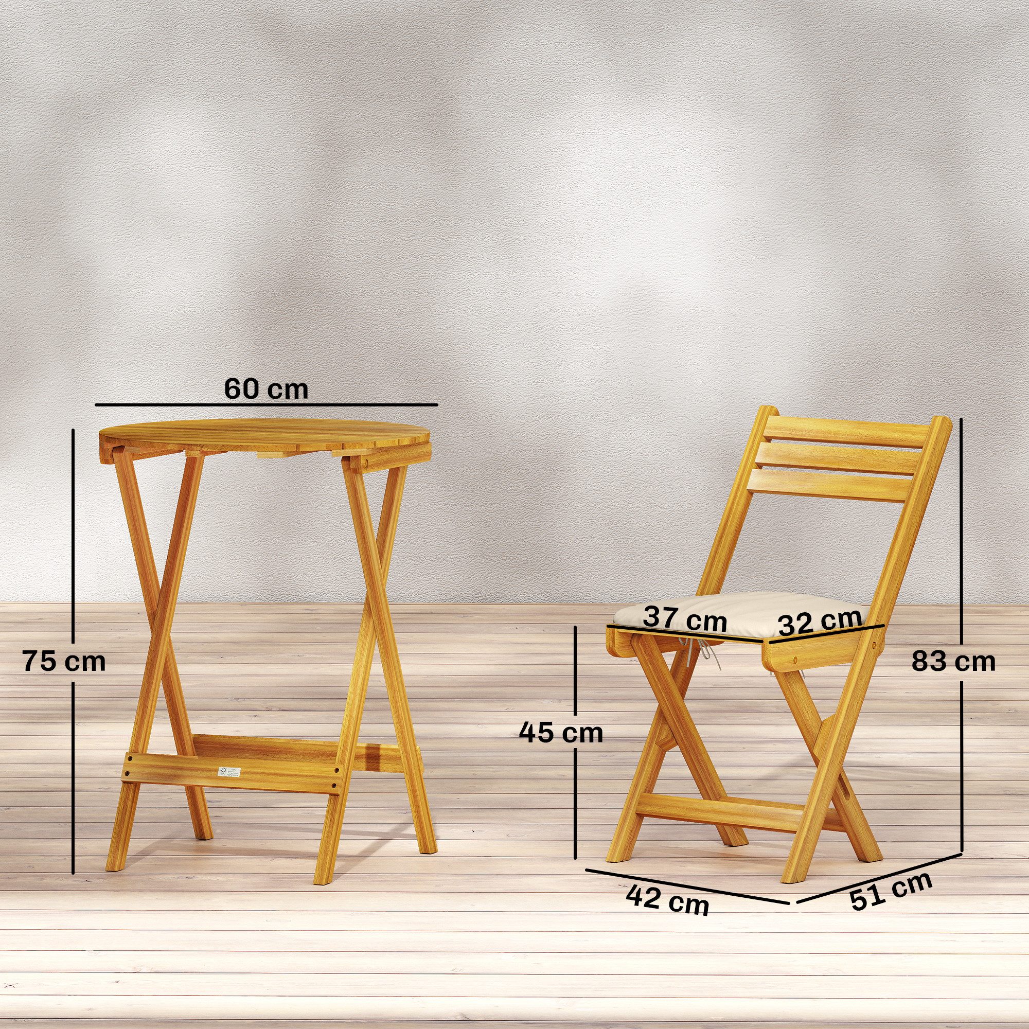 Outsunny Balkonset mit runder Tisch, 2 Stühle, Sitzkissen, Atmungsaktiv Lamellsitz, (Balkonmöbel Set, 3-tlg., Sitzgruppe), für Garten Balkon Naturholz