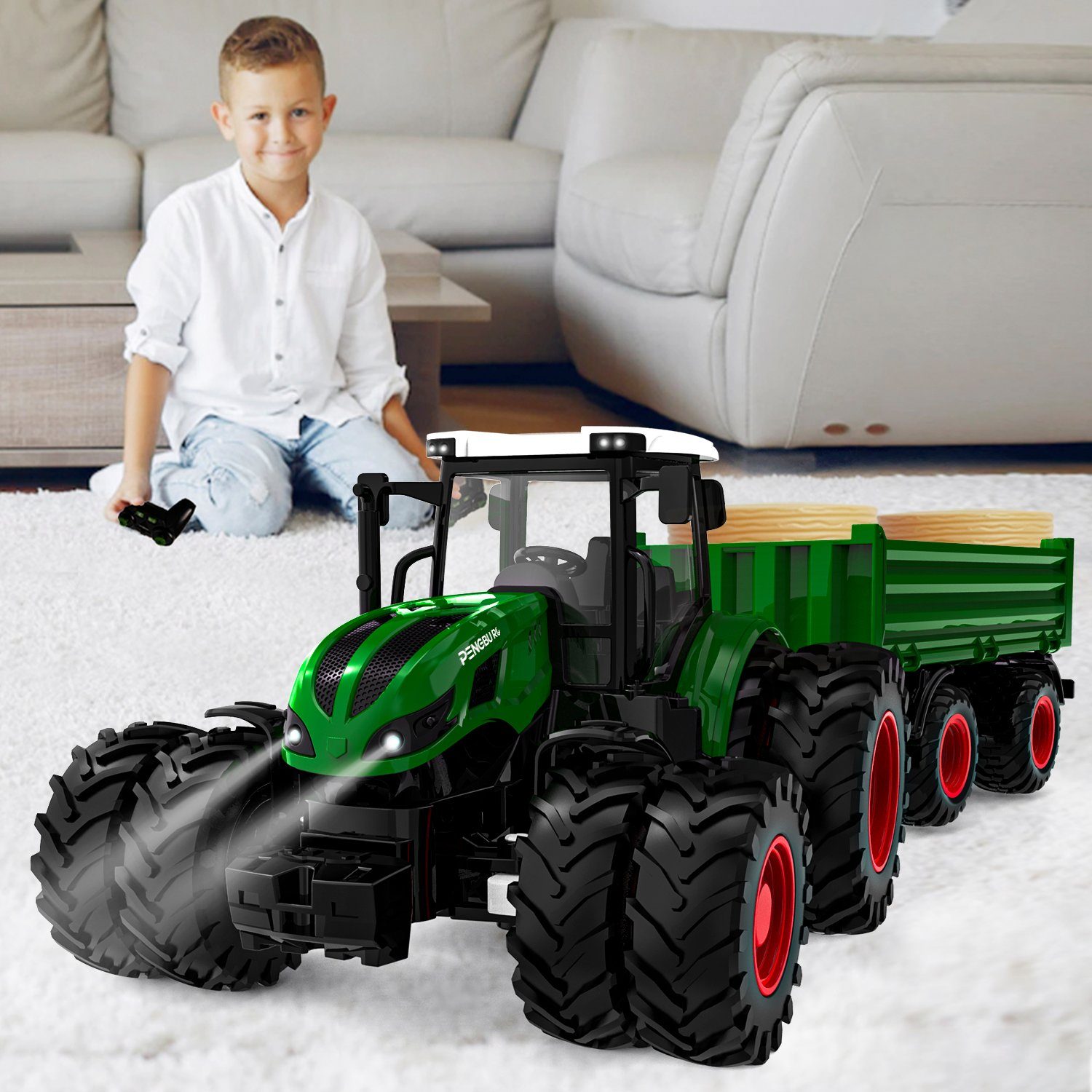 Esun RC-Traktor Ferngesteuerter Traktor mit Anhänger, Traktor Spielzeug ab 3 4 5 Jahre (Set, Komplettset), Traktor Ferngesteuert Ackerschlepper mit Licht und Sound