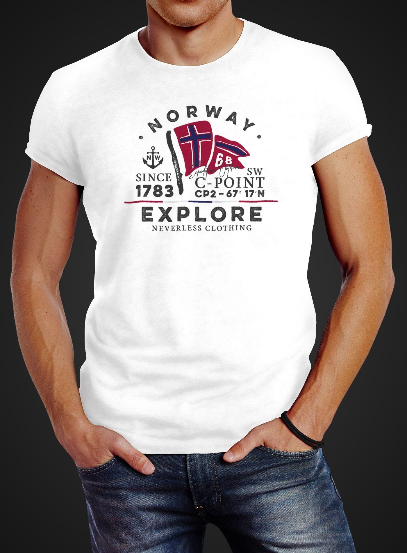 weiß Neverless® norwegische Explore T-Shirt Flagge mit Neverless Norwegen Print Herren Norway Print-Shirt