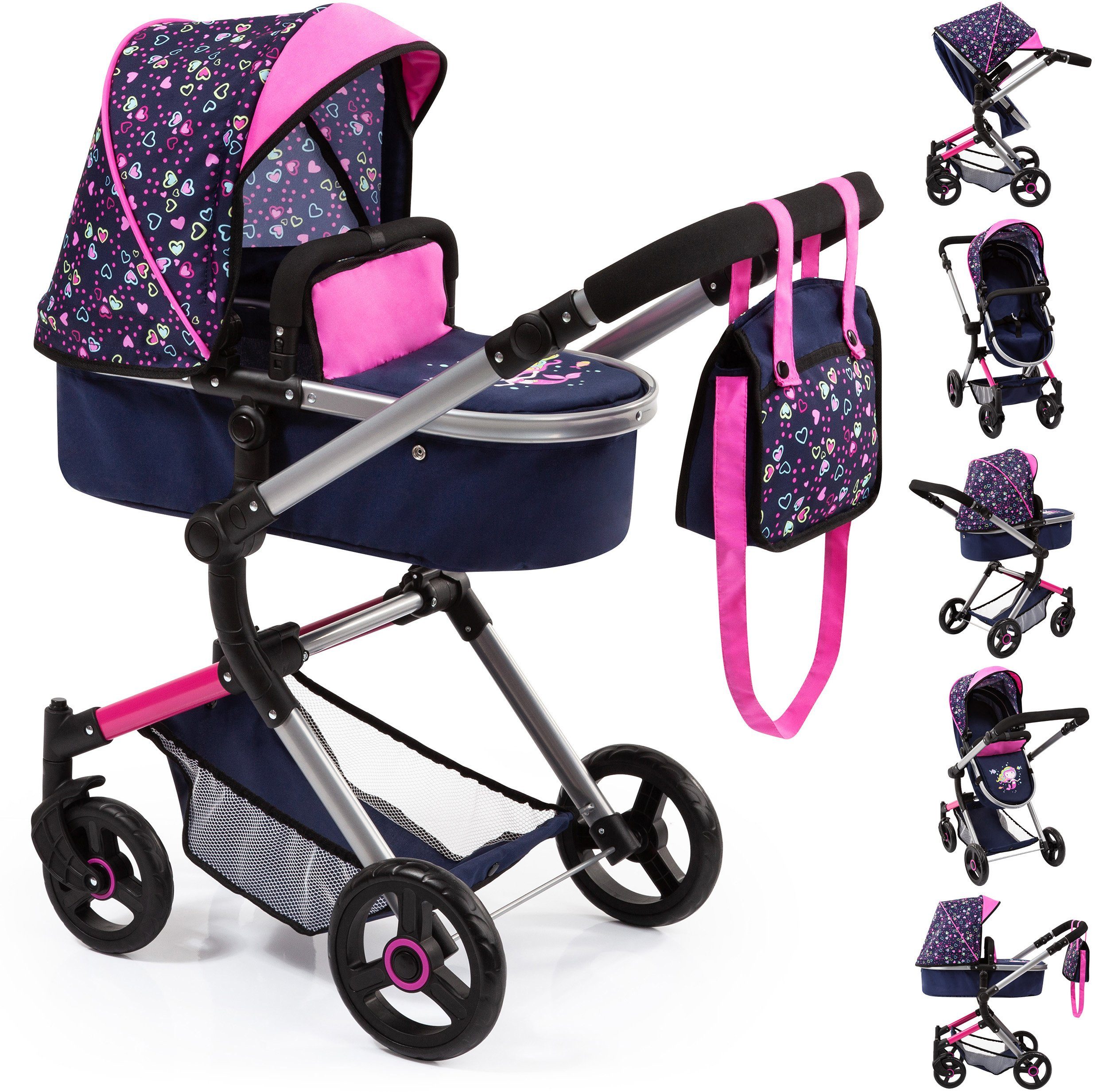 Bayer Kombi-Puppenwagen Vario, Blau/Pink/Herzchen, inkl. Wickeltasche günstig online kaufen