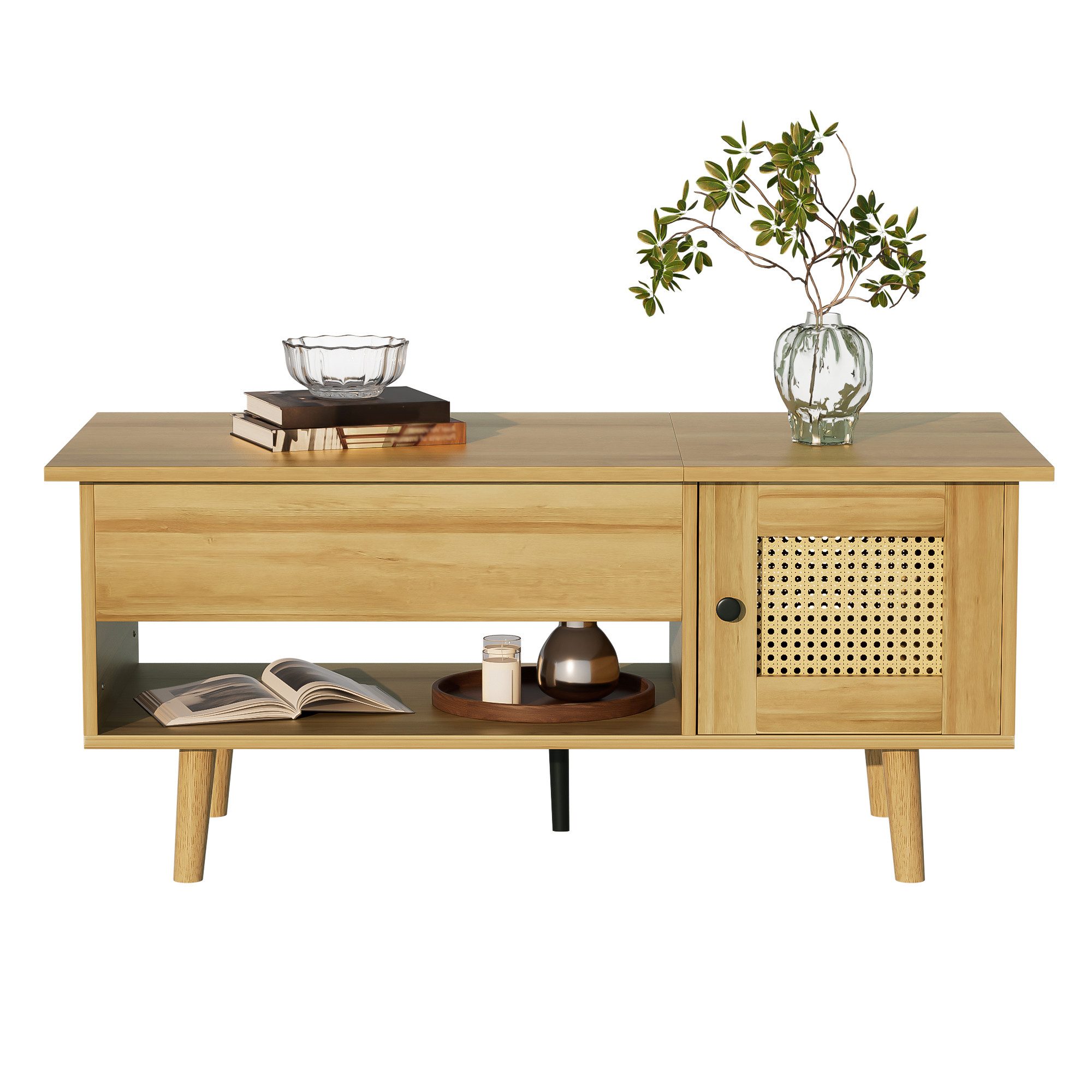 Fine Life Pro Couchtisch Multifunktionaler Couchtisch mit Hubplatte & Rattan-Türen – Großer (Stauraum + Modernes Design in Holz-Schwarz), Perfekt für stylisches Wohnzimmer