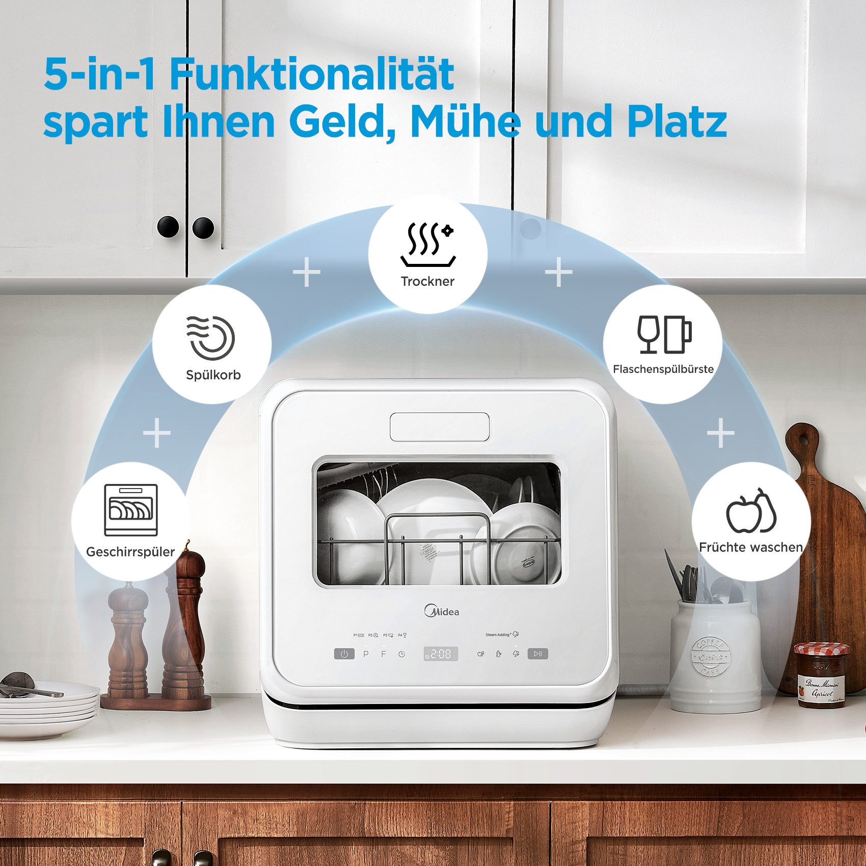 Midea Tischgeschirrspüler MDWMT201DW, 2 Maßgedecke, Wassertank, 9 Programme, Touch Control, Babypflege & Früchte waschen