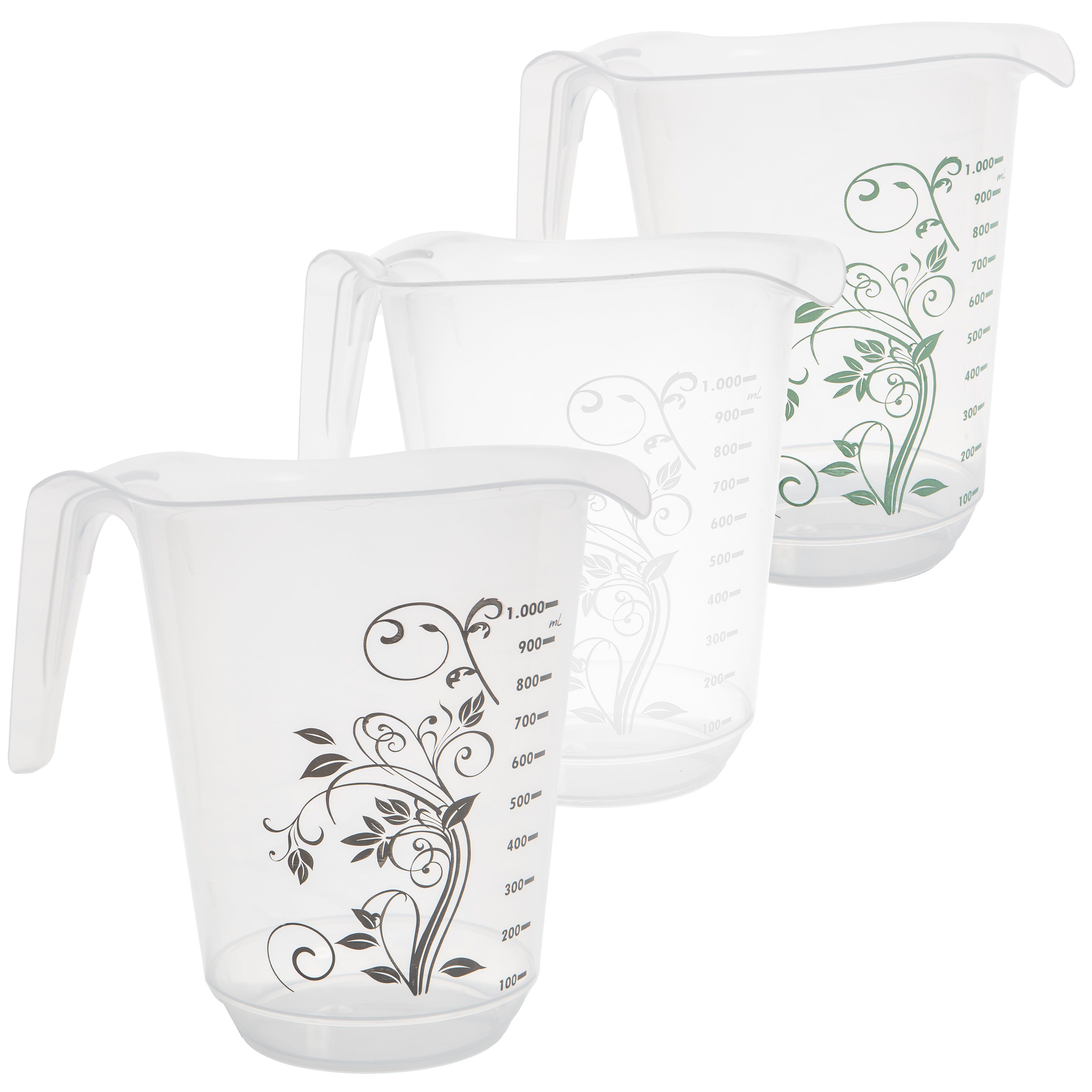 Centi Messbecher Messbecher 1 Liter, Transparent mit Ornament mit Maßskala, Kunststoff, (Spar Set, 3-St., pastellgrau, grau, weiss), aus lebensmittelechtem Kunststoff mit Ausguss, Made in der EU.
