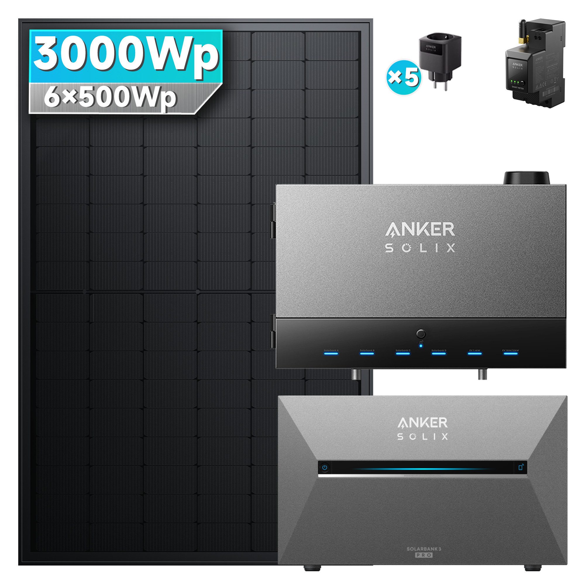 SolarMars Balkonkraftwerk mit Speicher 3000W mit Power Dock Solarbank Multisystem, (mit Anker Solix Solarbank 3 E2700 Pro und BP2700 (optional), 6x Solarmodule mit jeweils 500 W)