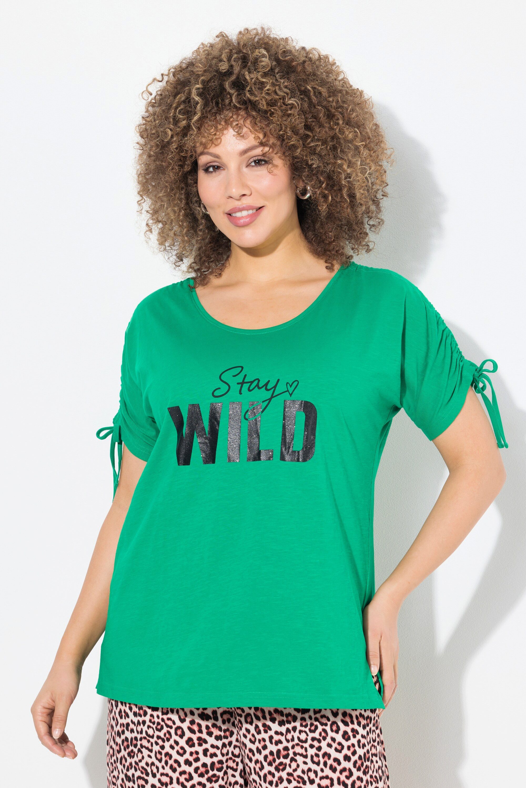 Ulla Popken T-Shirt T-Shirt Schriftzug Oversized Rundhals Raffband