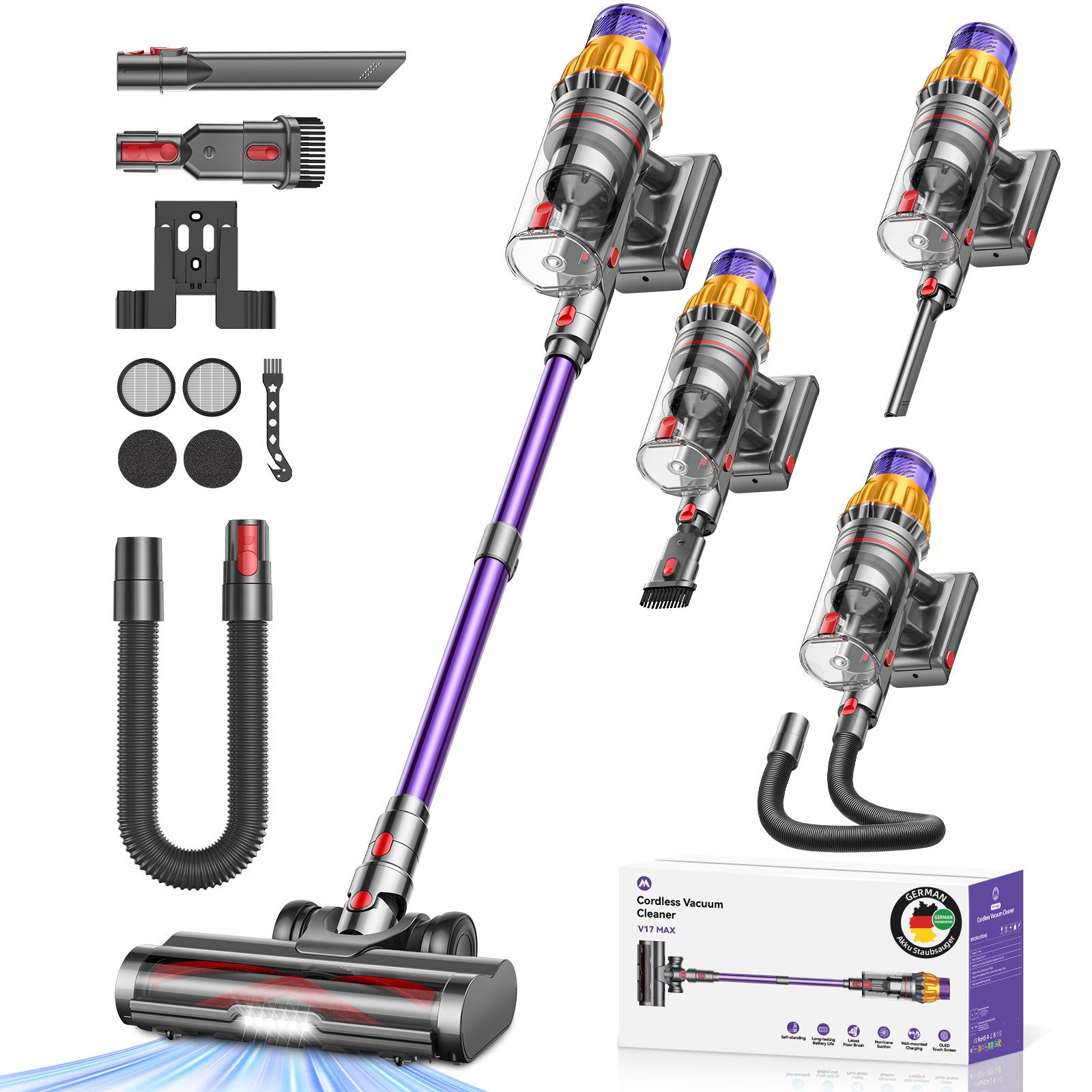 FOSMET Akku-Hand-und Stielstaubsauger 80000Pa Akku Staubsauger 750W/80Min, 2,6L Staubsauger Kabellos, 50dB leise/11-Stufen-Filter/OLED Display,Ideal für Böden/Teppiche/Auto