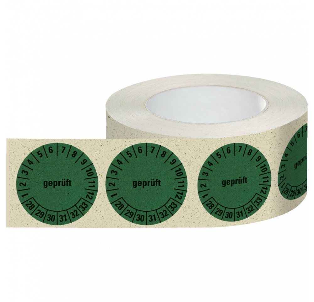 Thumbnail - Dreifke Hinweisschild Prüfplakette geprüft 28-33, grün, Graspapier, selbstklebend, Ø 30mm, 5
