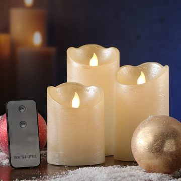 MARELIDA LED-Kerze LED Kerzenset Echtwachs bewegliche Flamme Fernbedienung creme 3St.