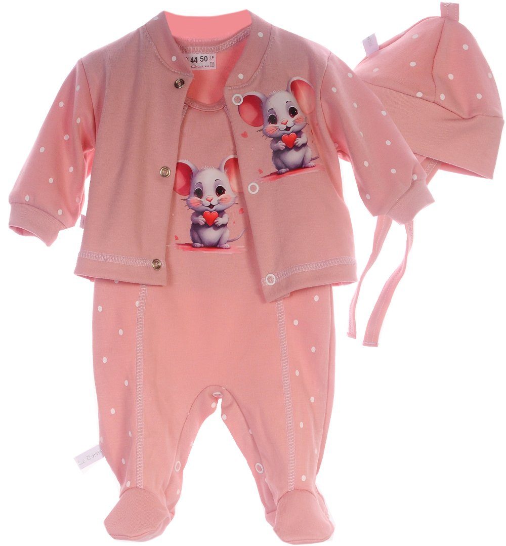 La Bortini Strampler Baby Anzug Erstlingsausstattung Set in Puderrosa mit Hasen aus reiner Baumwolle, 44 50 56 62 68 74