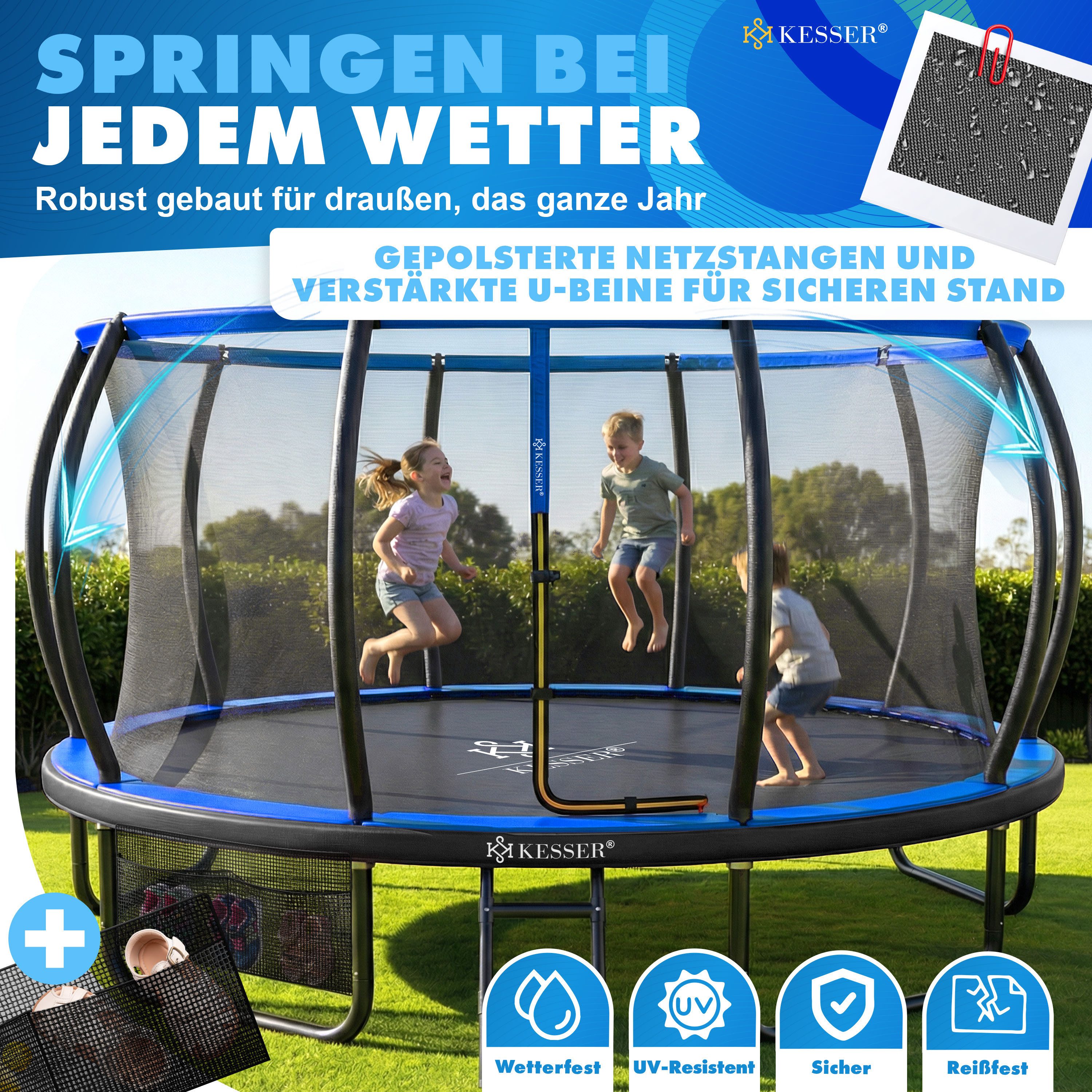 KESSER Gartentrampolin Trampolin Outdoor GS-geprüft Ø 244cm für Kinder bis 50kg, Ø 244 cm, inklusive Sicherheitsnetz, Tasche, Leiter, Randabdeckung & Netzstangen