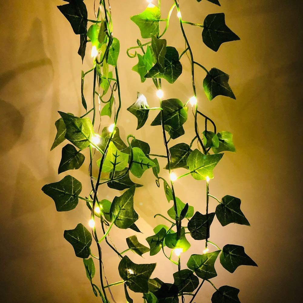 GelldG LED-Lichterkette 2m künstlicher Efeu Blätter Girlande Gefälschte Pflanzen mit 20 LEDs