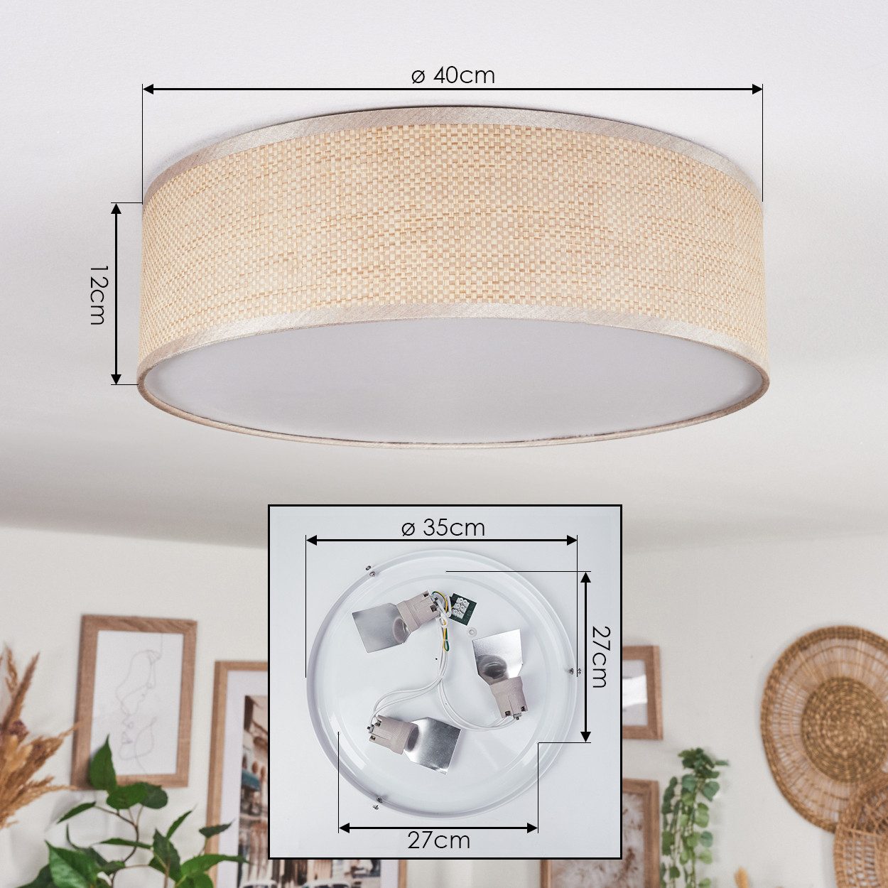 hofstein Deckenleuchte Deckenlampe aus Metall/Papiergeflecht/Kunststoff in Nickel/Beige/Weiß, ohne Leuchtmittel, runde Leuchte im Boho-Design (40 cm), E27, Essz – Bild 4 von 5