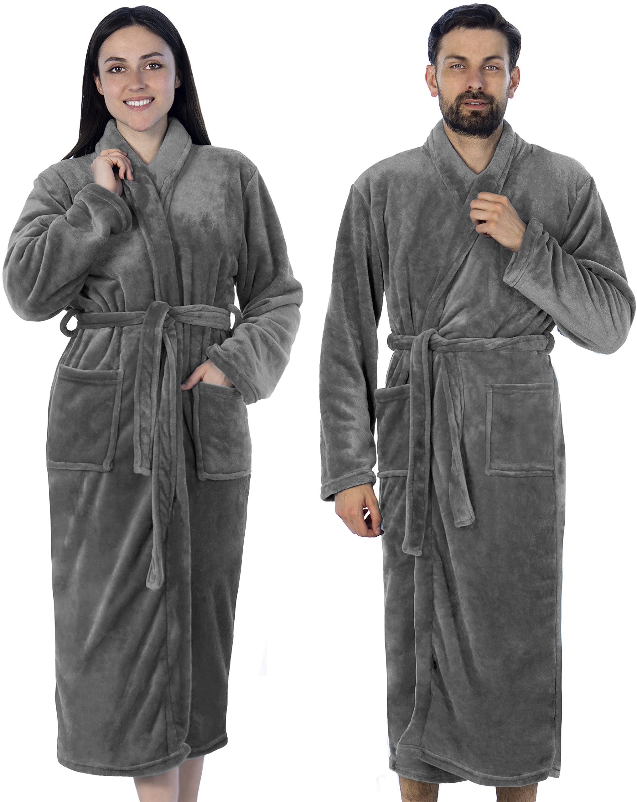 Gräfenstayn Unisex-Bademantel Damen Herren Kuschelfleece Bademantel Größe S-XXXL, warm & kuschelig, Waden bis Knöchellang, Fronttaschen, Gürtel, S-XXXL