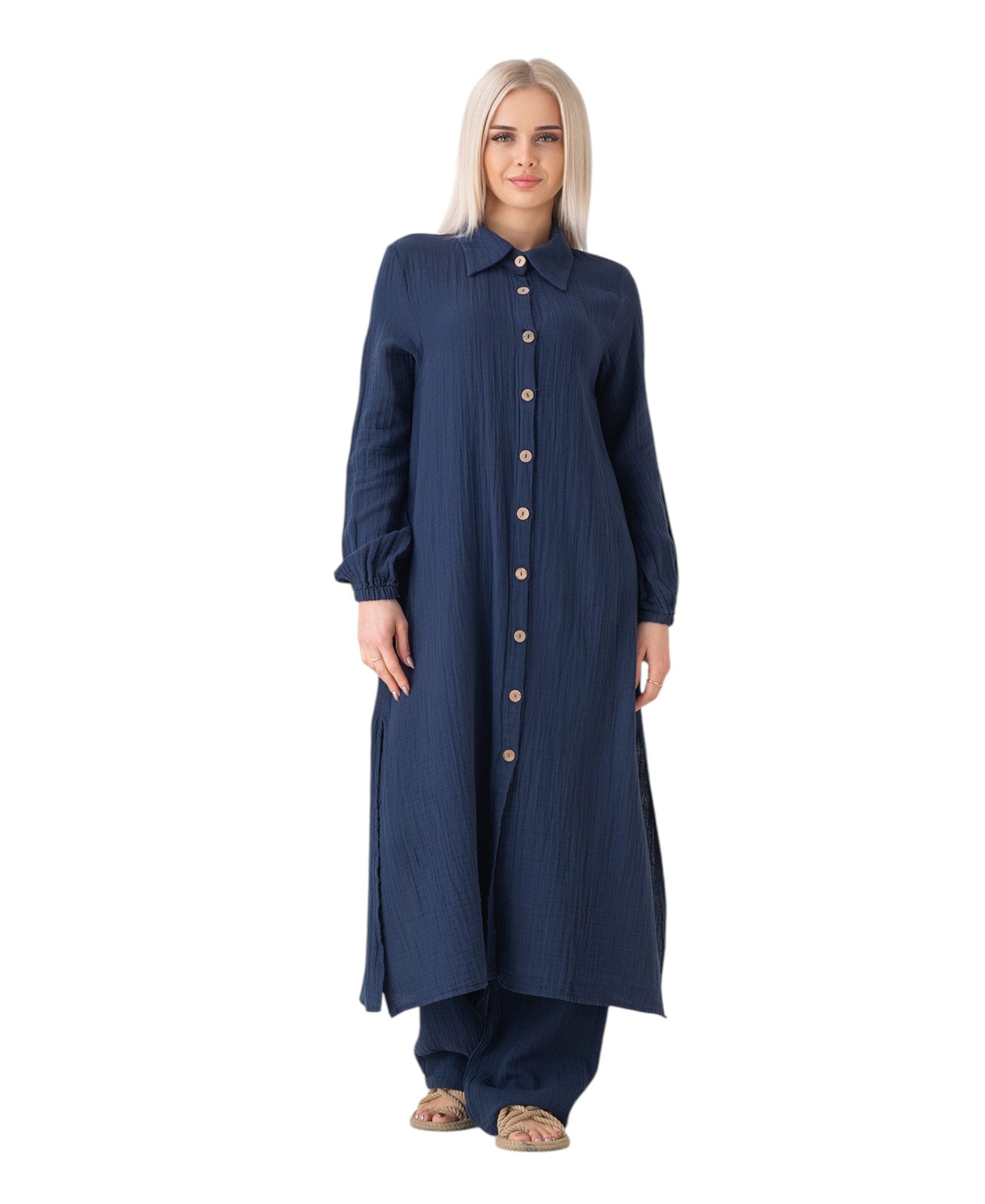 WENOR Longtunika Musselin 130cm lang Kokosknopf 100% Baumwolle Modest Look 36-50
