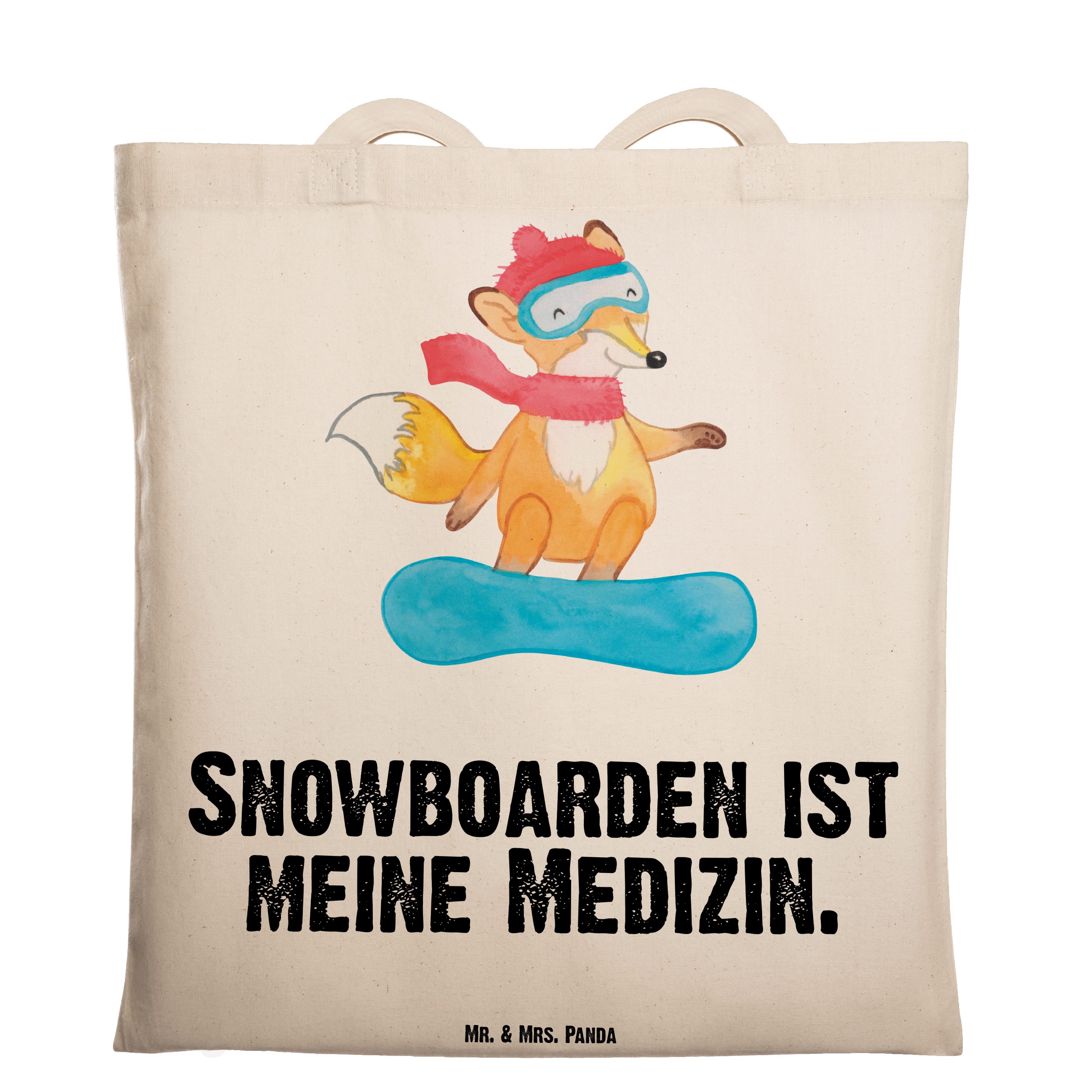 Mr. & Mrs. Panda Tragetasche Fuchs Snowboarden Medizin - Transparent - Geschenk, Beuteltasche, Beu (1-tlg) | Canvas-Taschen