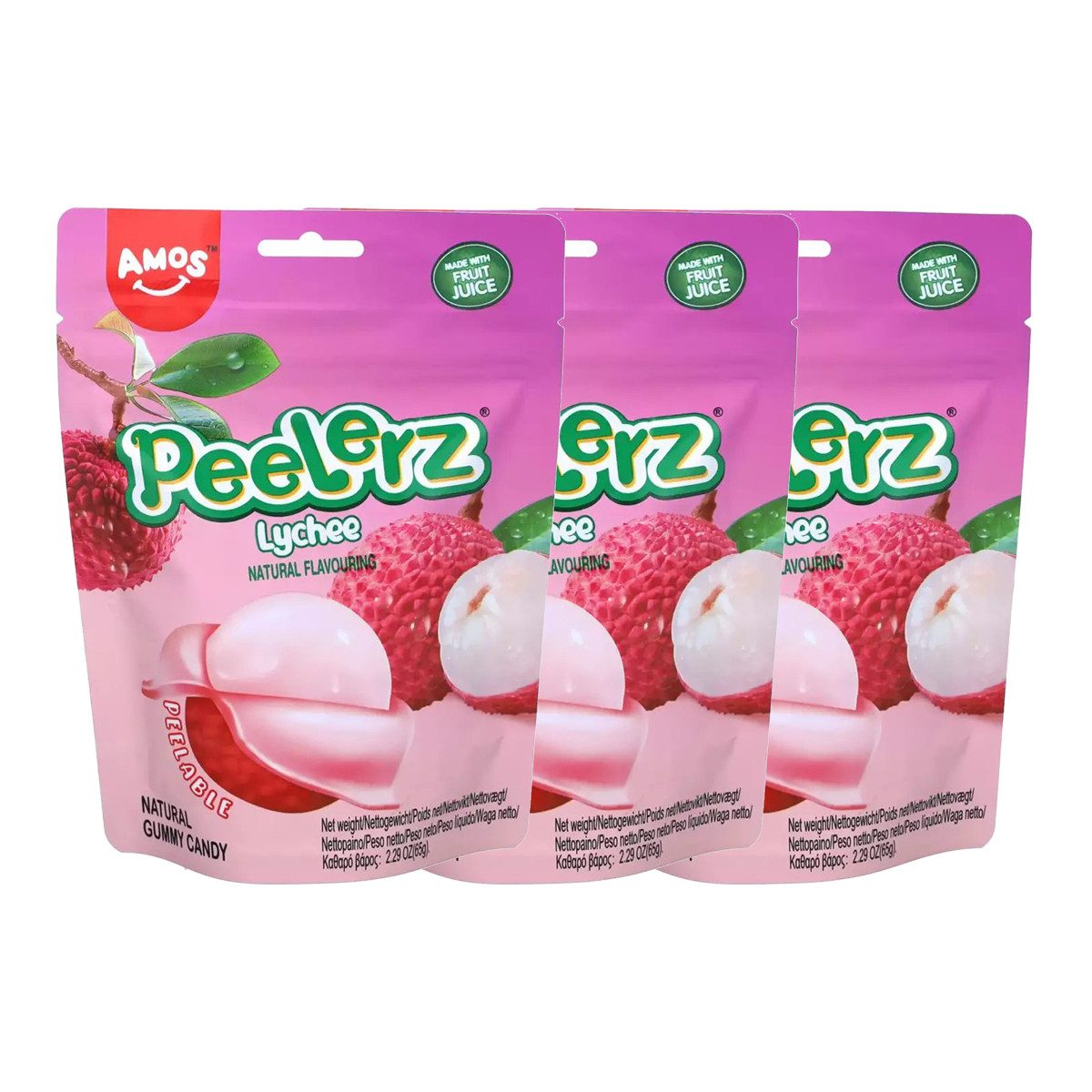 AMOS Süßigkeit, Amos Peelerz Gummies Lychee mit einer fruchtigen Füllung 65g 3er Pack