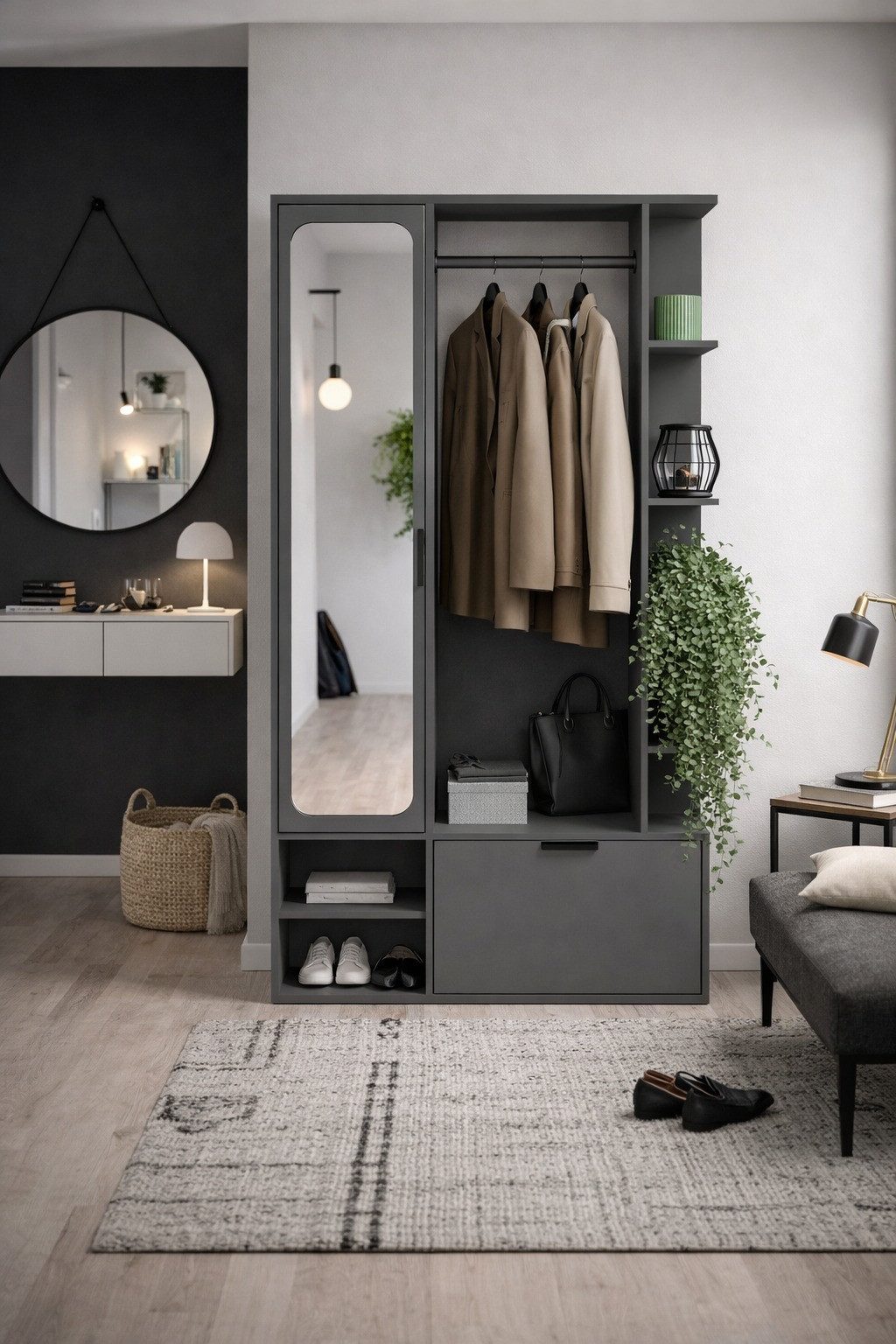 WFL GROUP Kompaktgarderobe Mela Flurgarderobe mit Spiegel, Kleiderstange und Ablagen (100 cm Breit) Universell montierbar, Links/Rechts, für Flur und Eingangsbereich