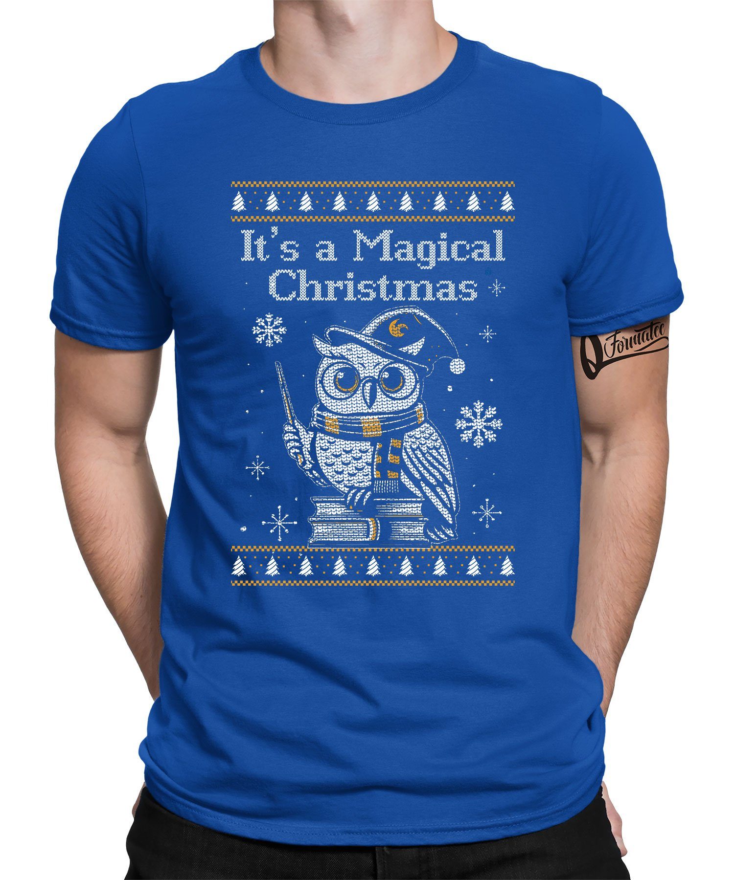 Quattro Formatee Kurzarmshirt Magical Christmas Eule Ugly - Weihnachten Nikolaus Weihnachtsgeschenk (1-tlg) Blau