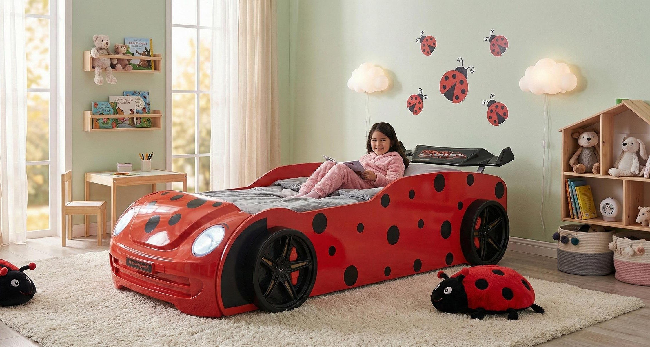 Xlmoebel Autobett Rotes Marienkäfer Autobett mit LED für das Kinderzimmer (Autobett, Autobett Marienkäfer), Made in Europa