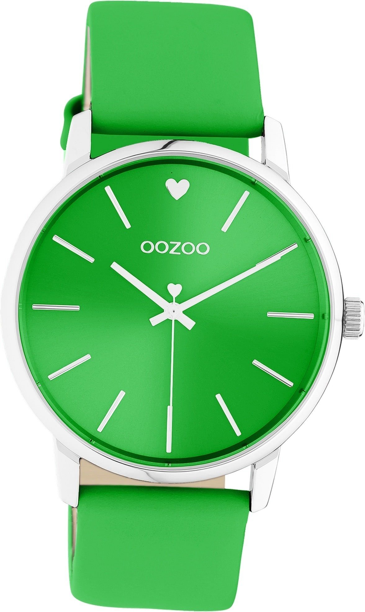 OOZOO Quarzuhr Oozoo Damen Armbanduhr Timepieces, Damenuhr Lederarmband grün, rundes Gehäuse, groß (ca. 40mm)