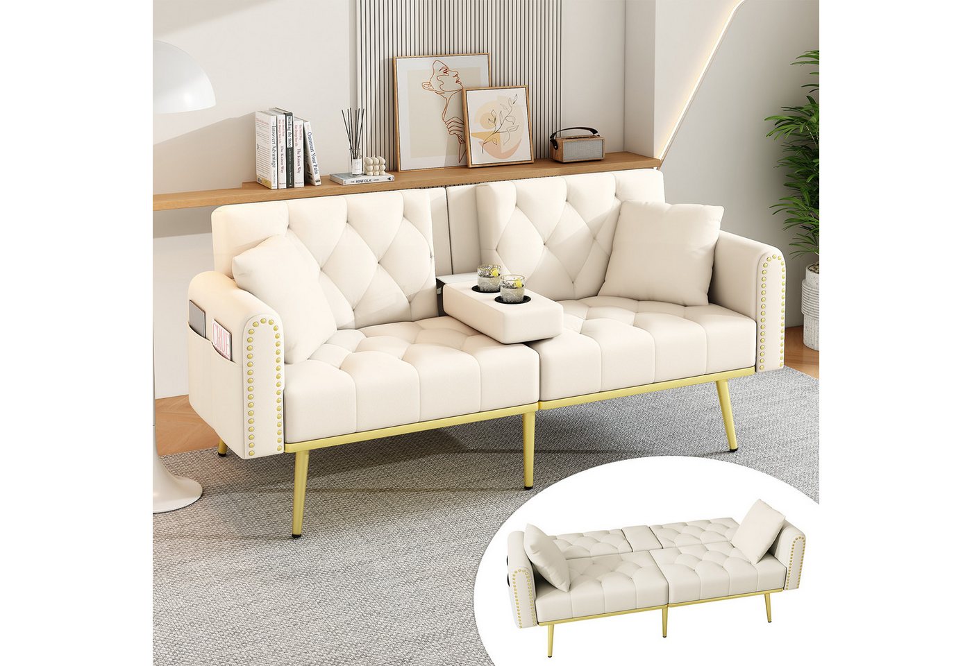 Merax Schlafsofa mit 3 verstellbaren Neigungswinkeln & ausklappbarer Liegefunktion, 2 sitzer Klappsofa Polstersofa mit bettfunktion 1 Teile, Sofa klappbar mit Getränkehalter, Zierkissen & Seitentasche, Samtbezug