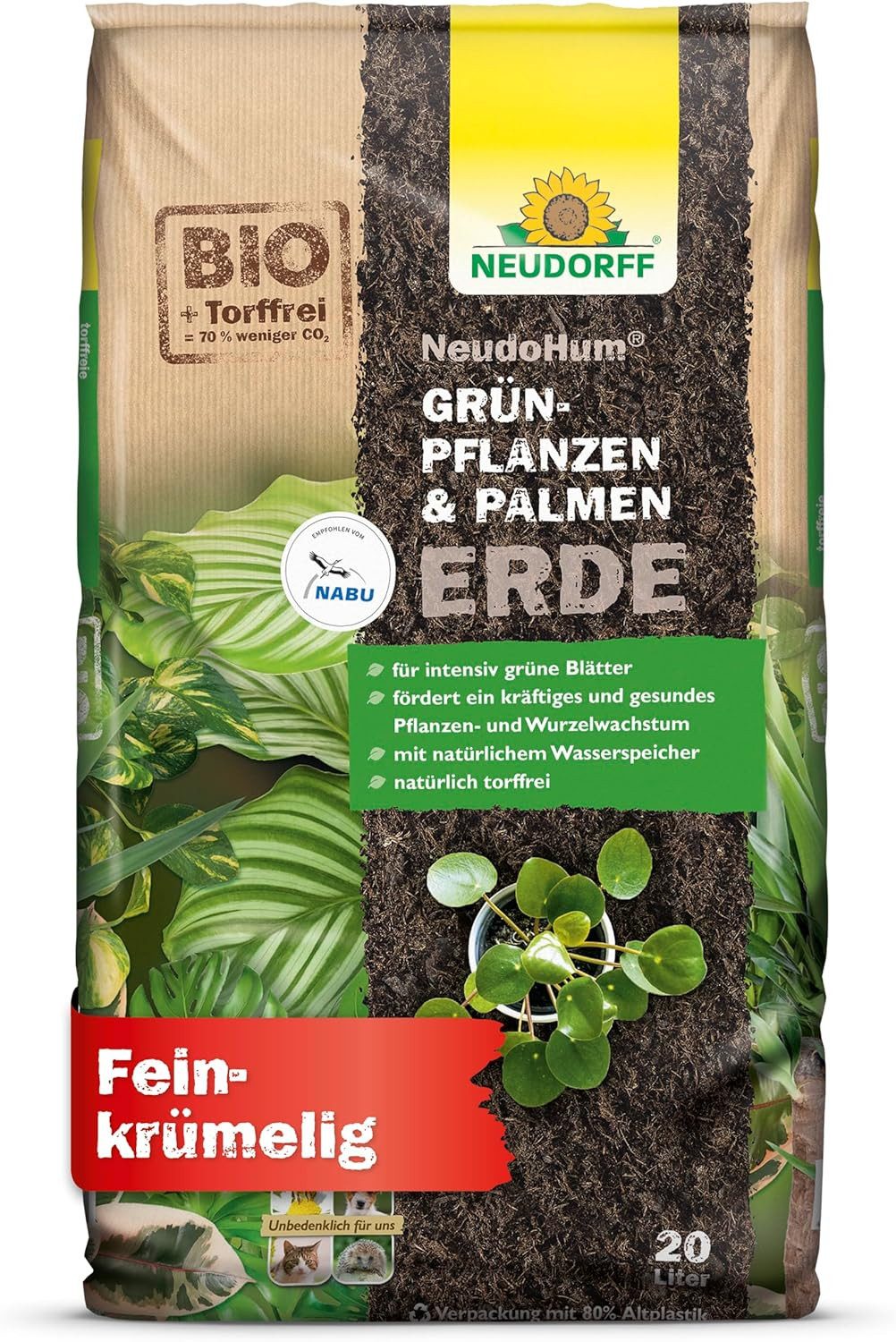 Neudorff Pflanzerde NeudoHum Grünpflanzen- & PalmenErde 20 Liter, mit Organische Grunddüngung, (Einzelartikel, Torffreie Erde für kräftige Grünpflanzen und intensiv grüne Blätter), Biologisch, torffrei, wasserspeichernd und bis zu 4 Wochen vorgedüngt