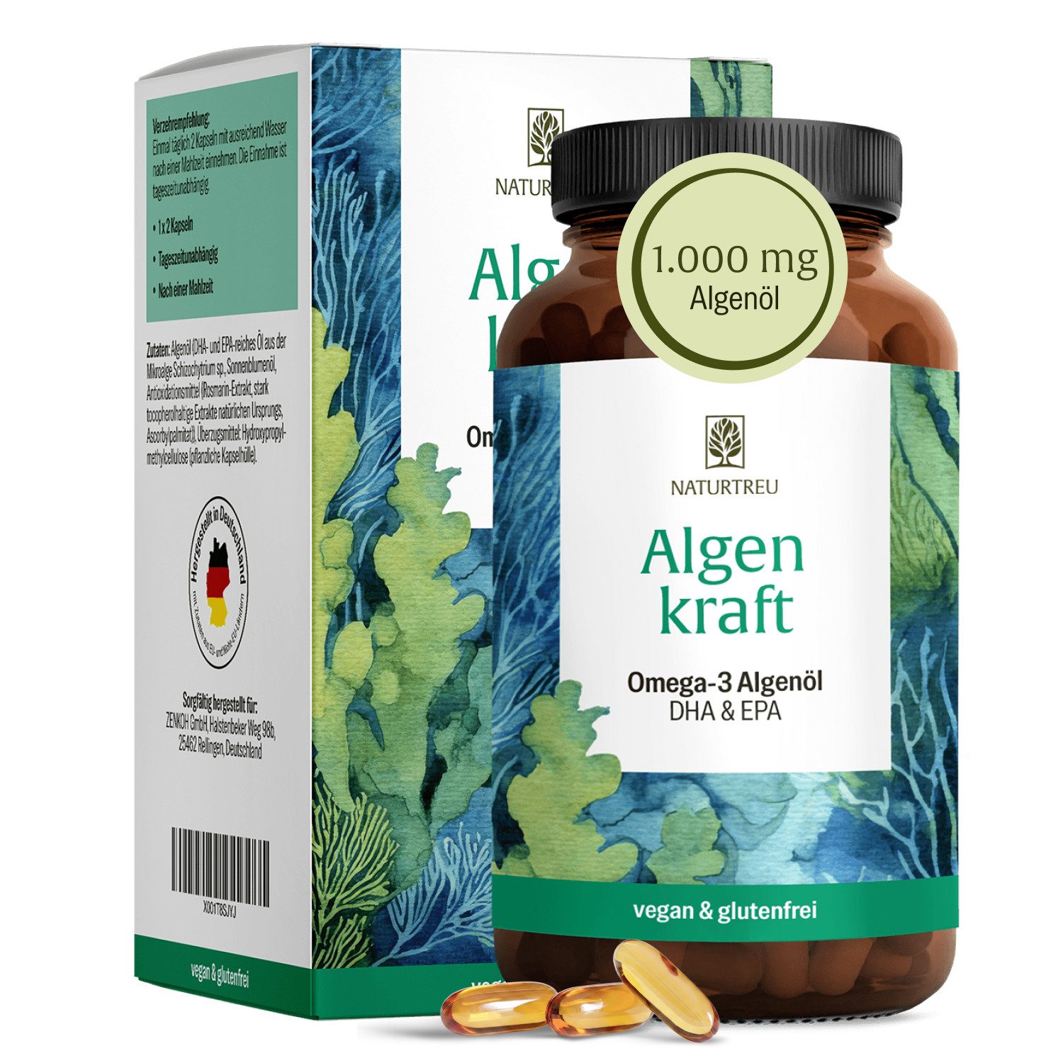 Naturtreu Algenkraft Hartkapseln, 1 er 60 St., 34.5 g, Durchdachte Entwicklung, Vegan, Laborgeprüft, Hochwertige Inhaltstoffe