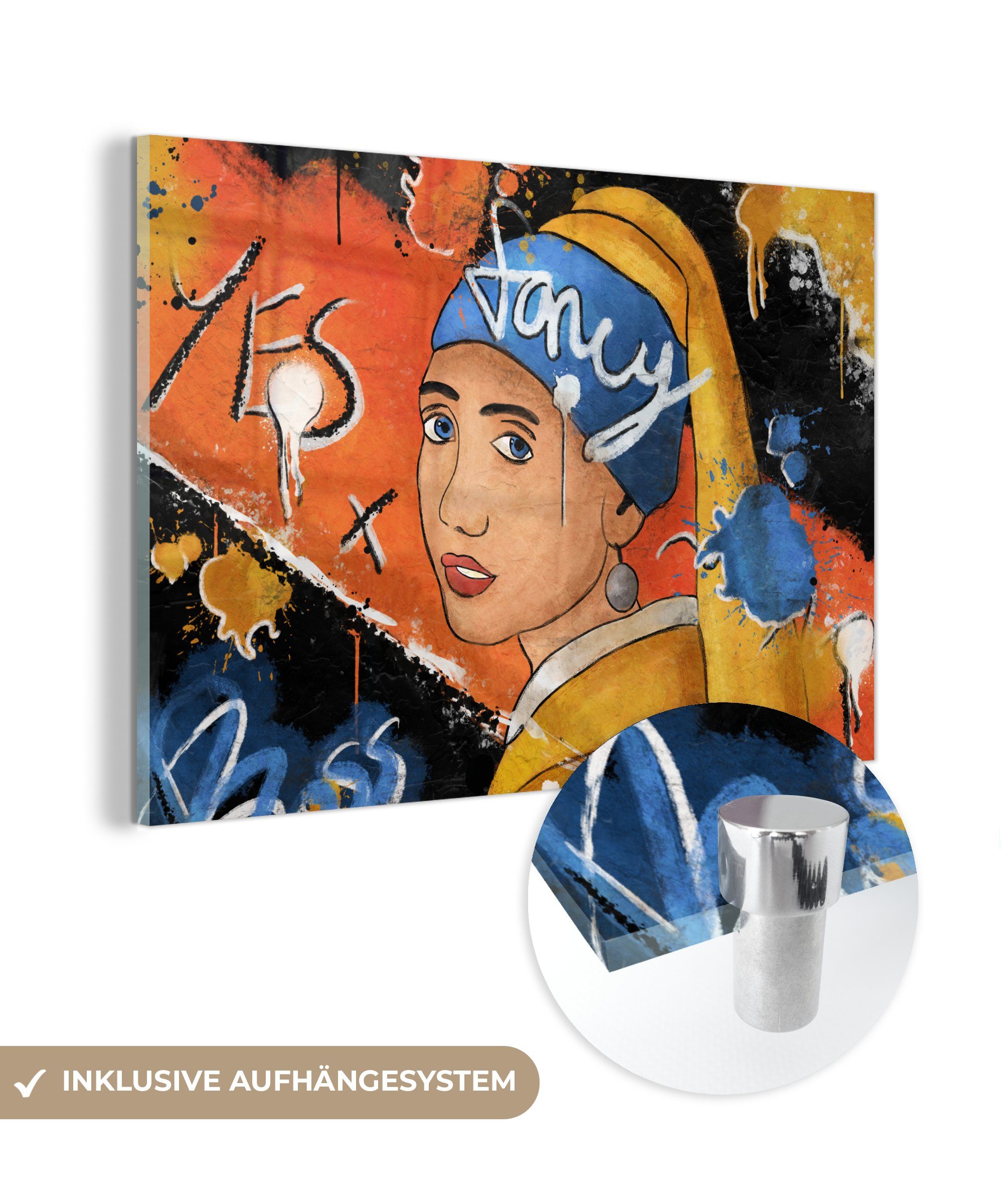 Wanddekoration mit (1 St), Foto Glas Glasbilder - Perlenohrring auf - Acrylglasbild - - Urban MuchoWow Mädchen - Das Wandbild auf dem Glas Bilder Vermeer,