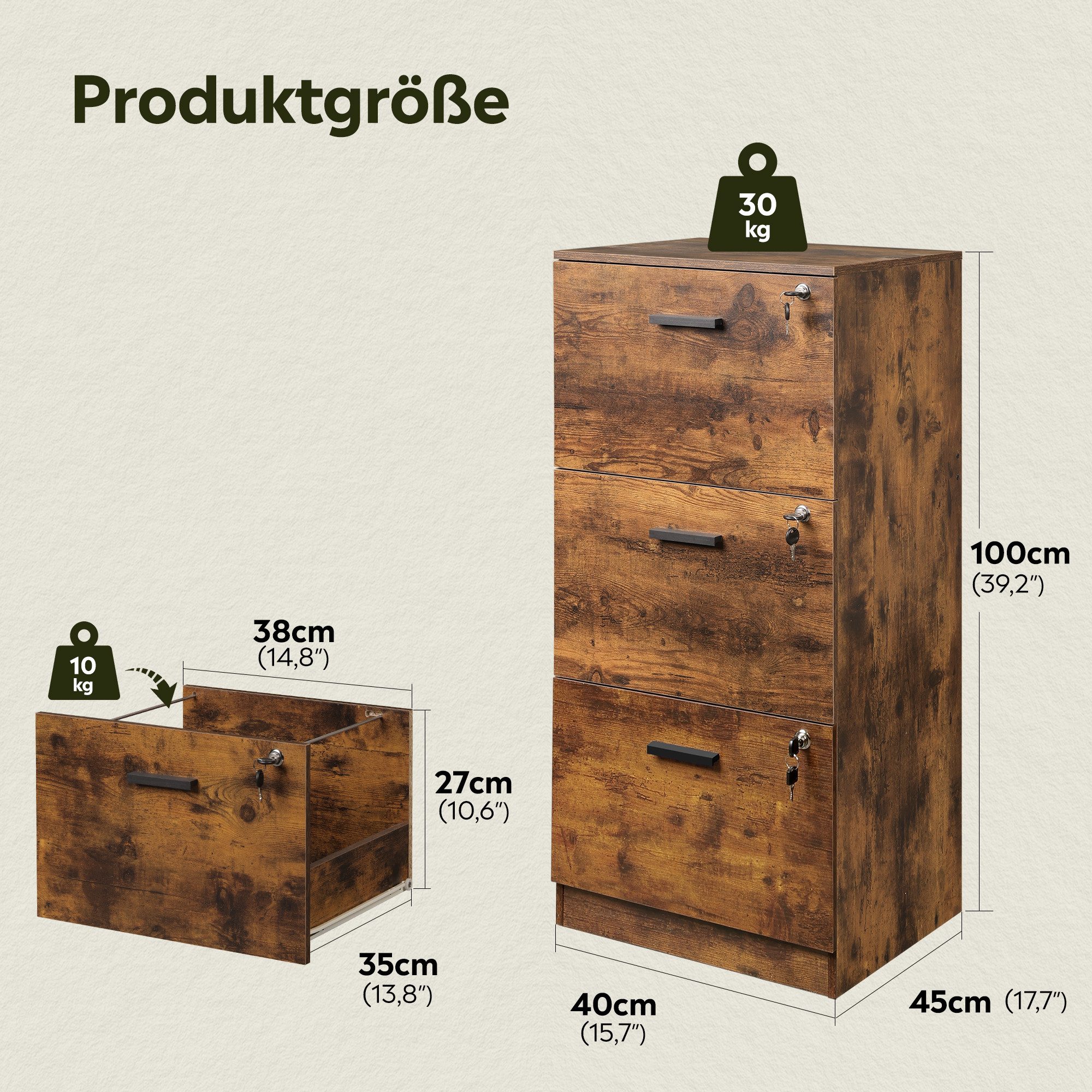 DEVAISE Rollcontainer mit Schubladen, Aktenschrank abschließbar für DIN A4/Legal/Letter, Druckerschrank Holzoptik, Büroschrank für Home Office