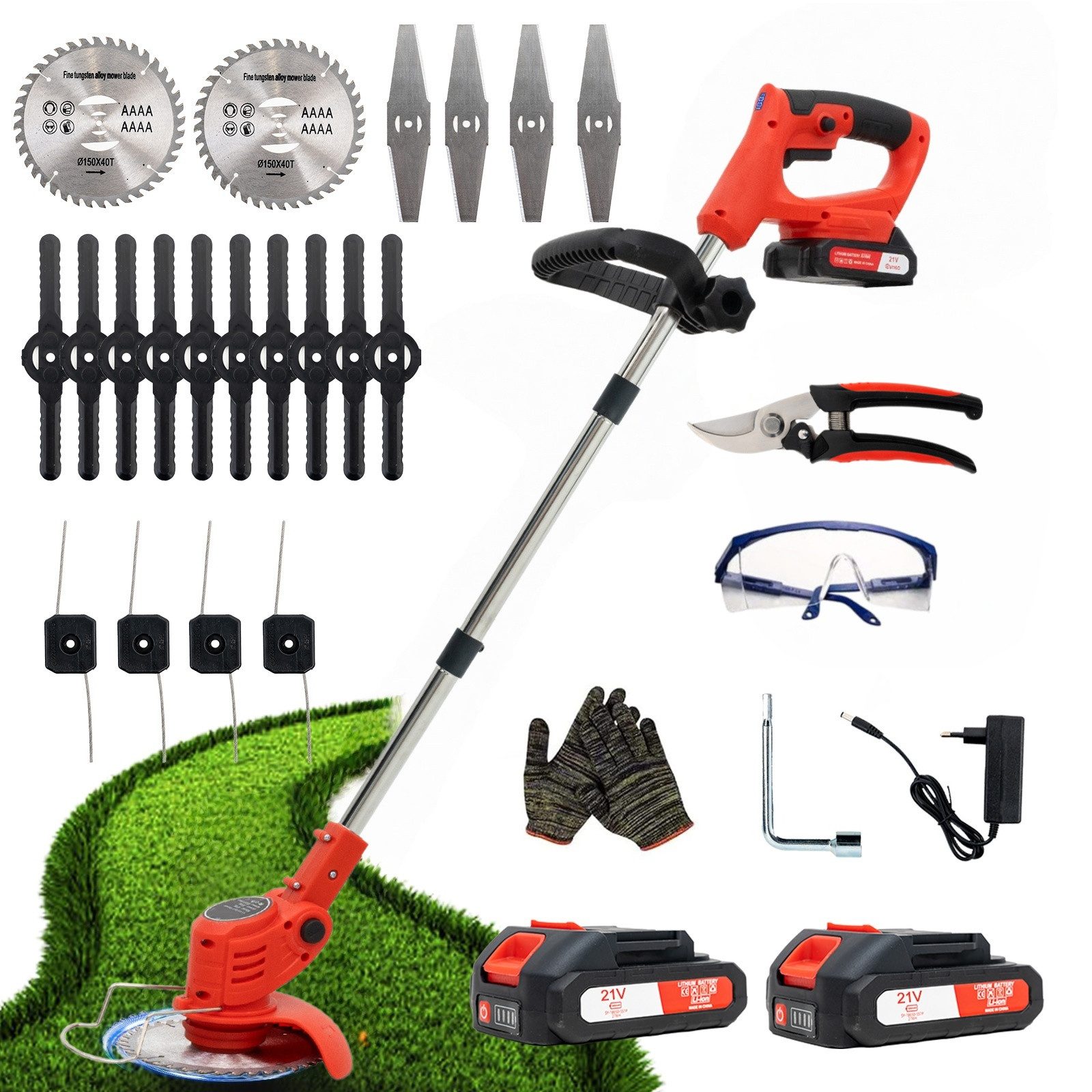 OUTIGO Akku-Rasentrimmer Rasentrimmer mit Akku, lektrischer Rasentrimmer mit 4 Messertypen, Zwei 21-V-Batterien, vier Messer, dreifach klappbarer Rasenmäher.