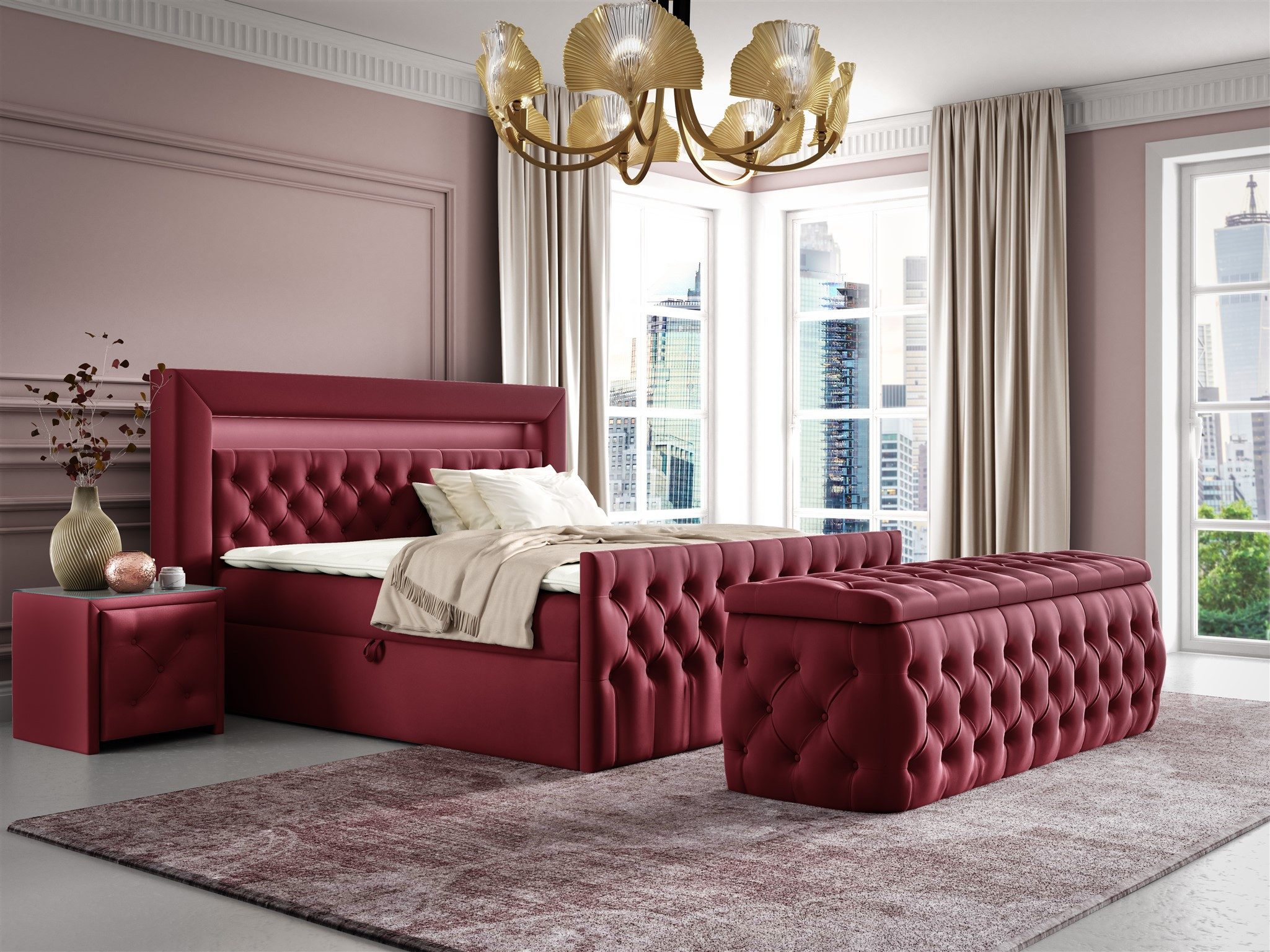 Fun Möbel Boxbett Schlafzimmerbett ERNESTO Nr.4 in Stoff Elisa Velvet (inkl. Topper, inkl. Bettkästen), inkl. 2 x Nachttisch mit Glasplatte, Polsterhocker und LED-Beleuchtung