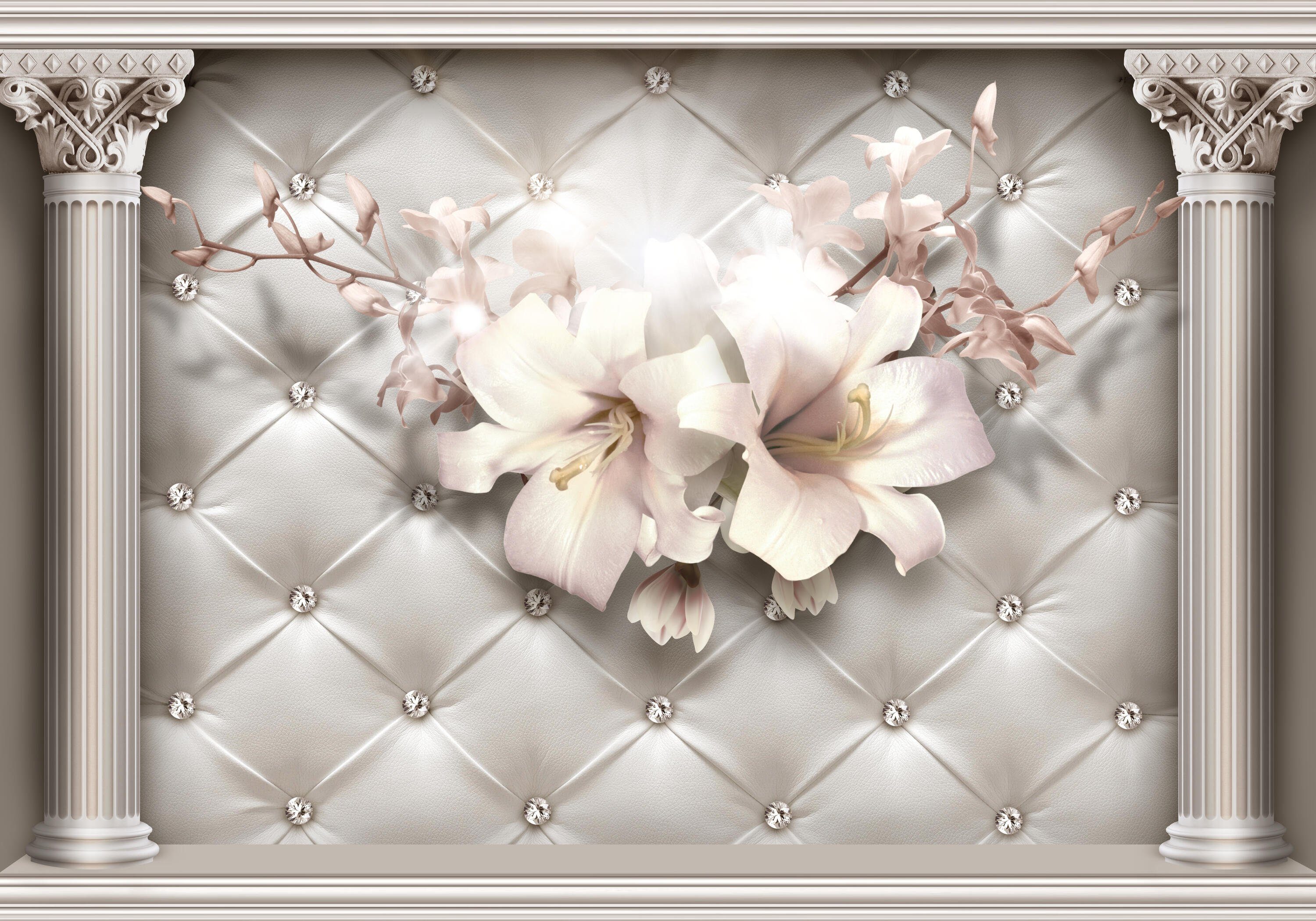 wandmotiv24 Fototapete 3D Effekt Säulen Blüten Diamanten, glatt, Wandtapete, Motivtapete, matt, Vliestapete
